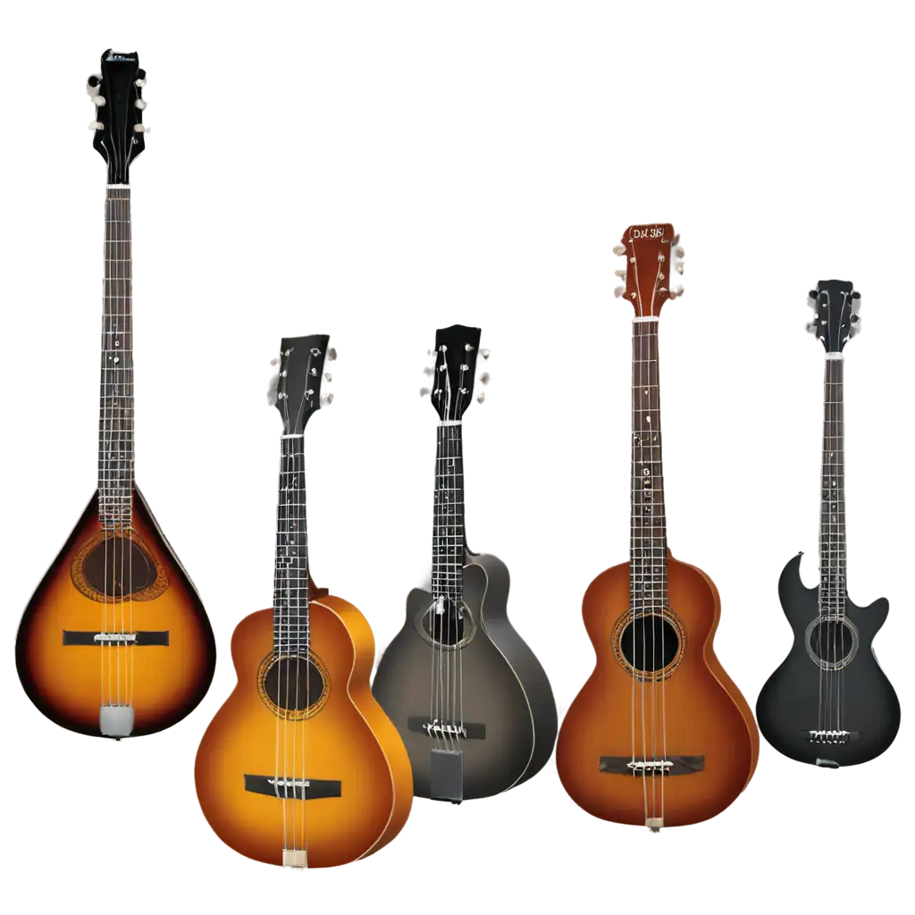 Create an illustration of a collection of traditional and modern plucked string instruments, including the mandolin, ukulele, and banjo.