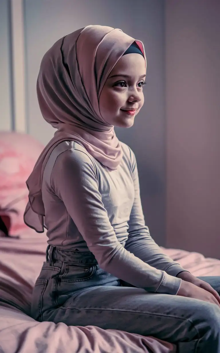 Elegant-Muslim-Teen-Girl-Sitting-on-Bed-in-Skinny-Jeans-and-Hijab