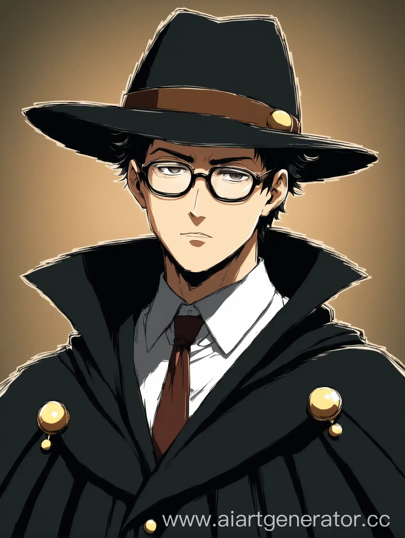 A man with a hat and glasses, a black cape and a super anime style 