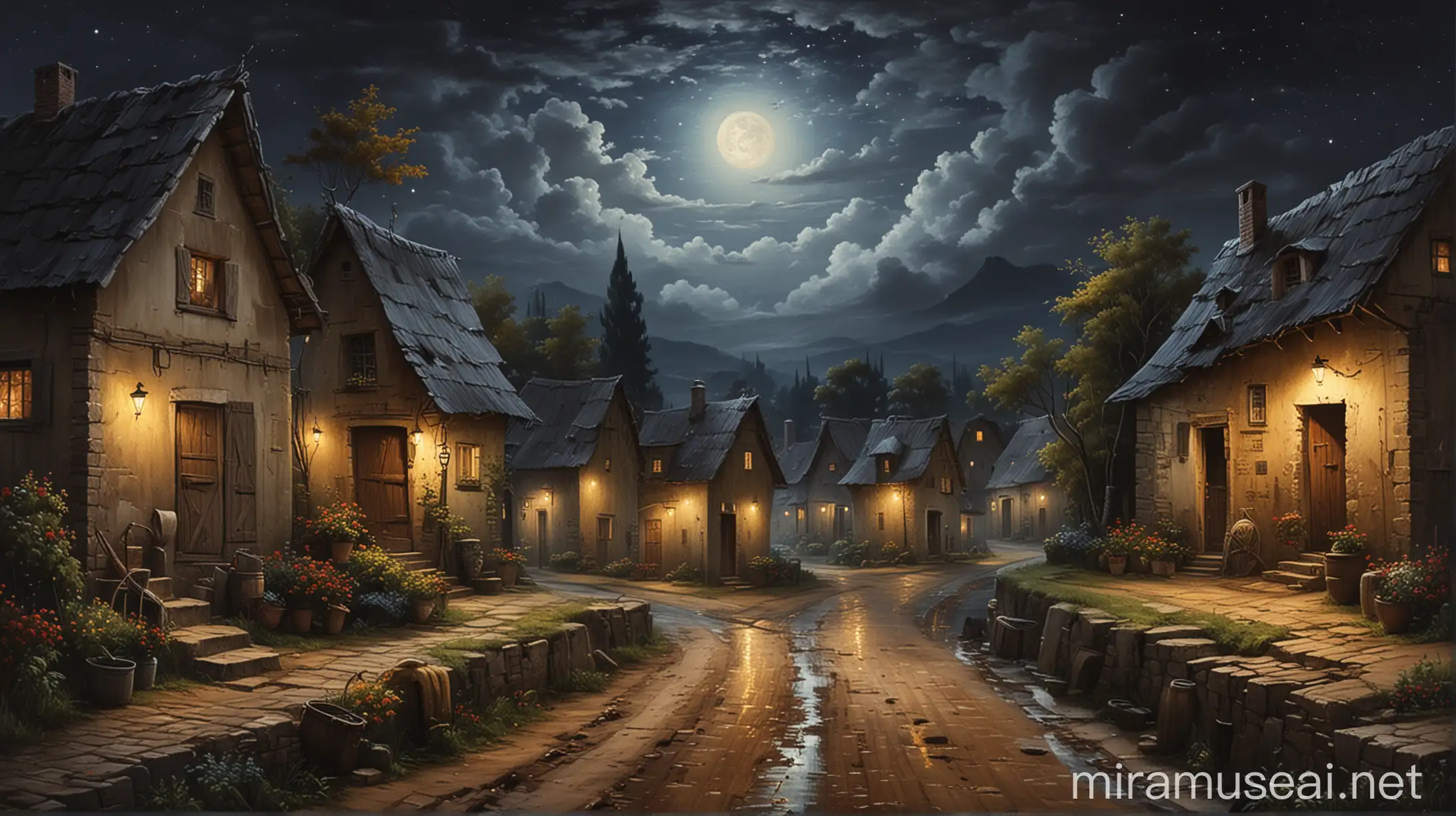 just village  in night  , by oil painting 