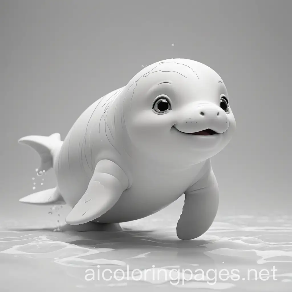 baby beluga swimming in the sea, Coloring Page, black and white, line art, white background, Simplicity, Ample White Space. The background of the coloring page is plain white to make it easy for young children to color within the lines. The outlines of all the subjects are easy to distinguish, making it simple for kids to color without too much difficulty