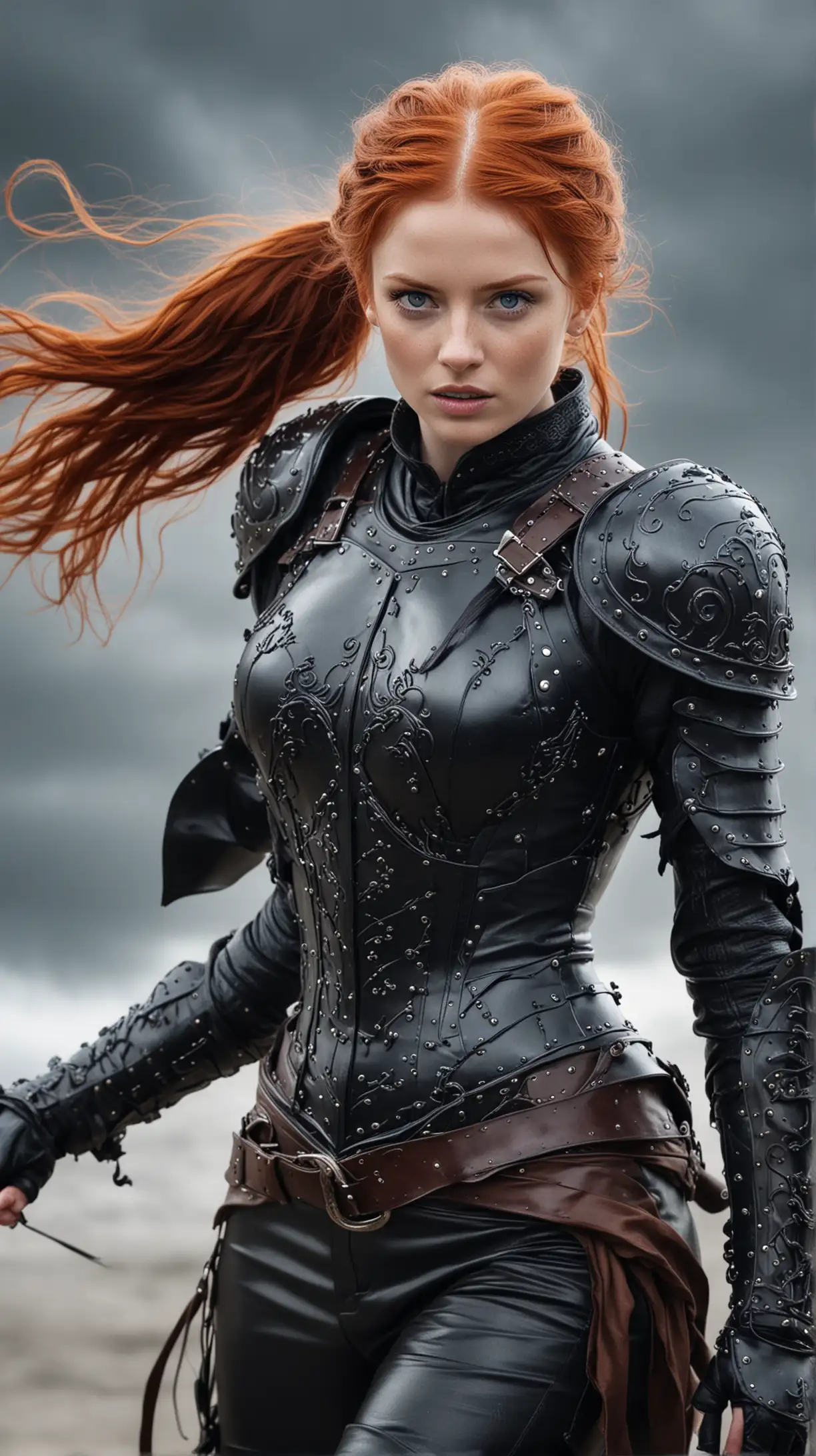 woman redhead, ponytails, blue eyes, leather armour, swirling black winds