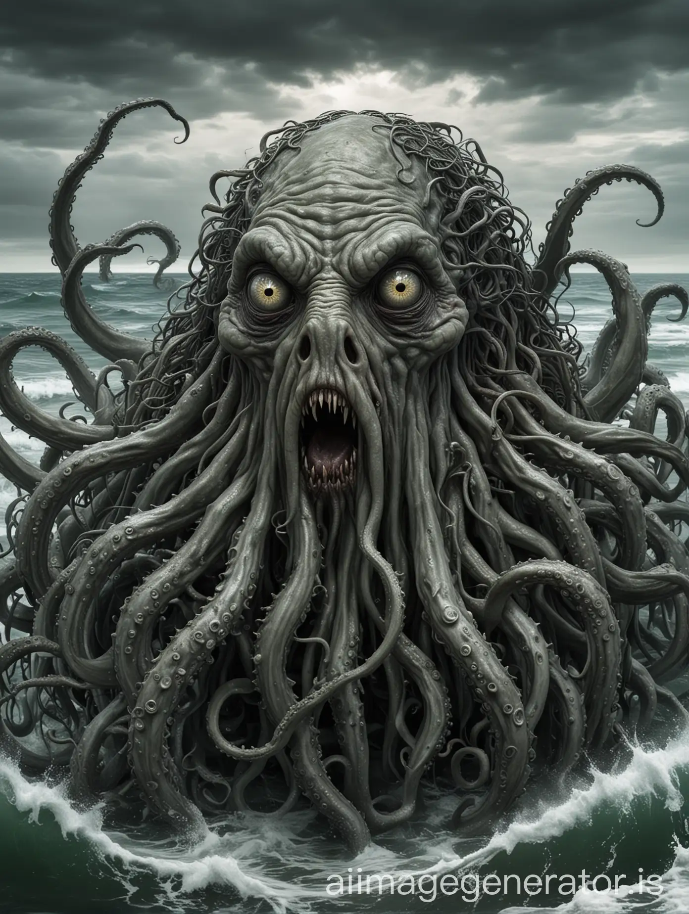 H.P Lovecraft monster, lots of tentacles. several eyes, gray skin a large mouth full of sharp teeth emerging from the sea