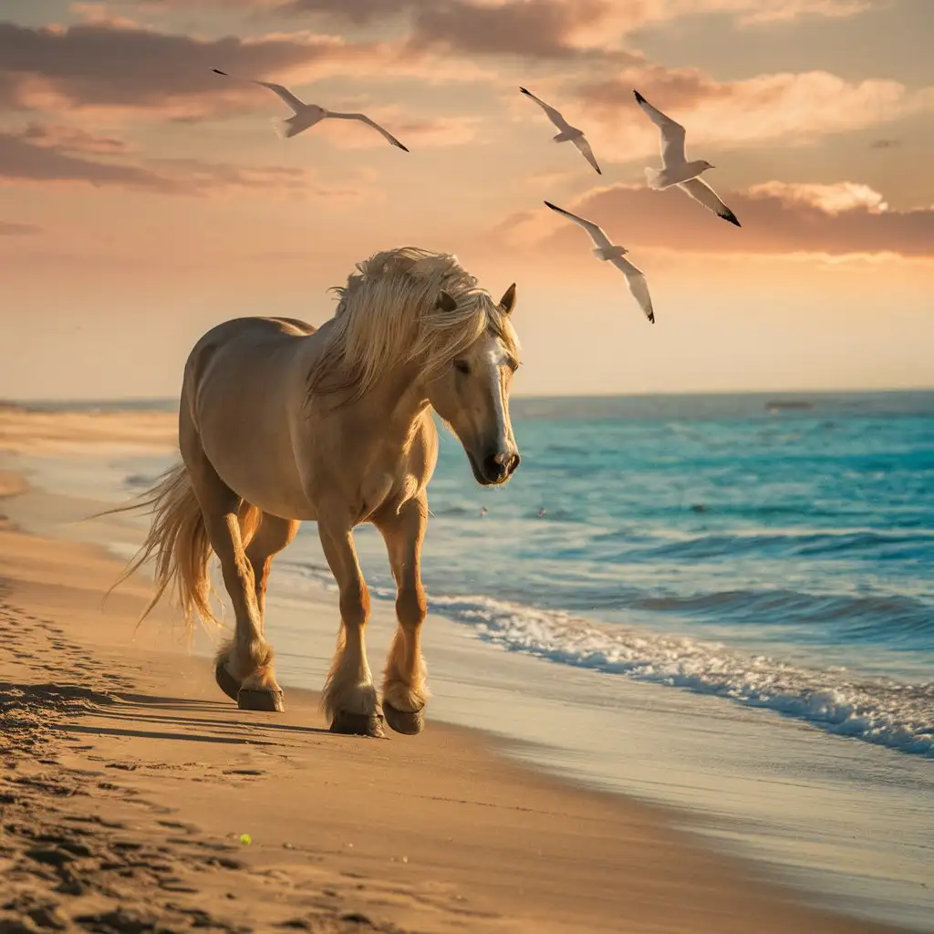 A beautiful horse walking peacefully on the beach at sunset 