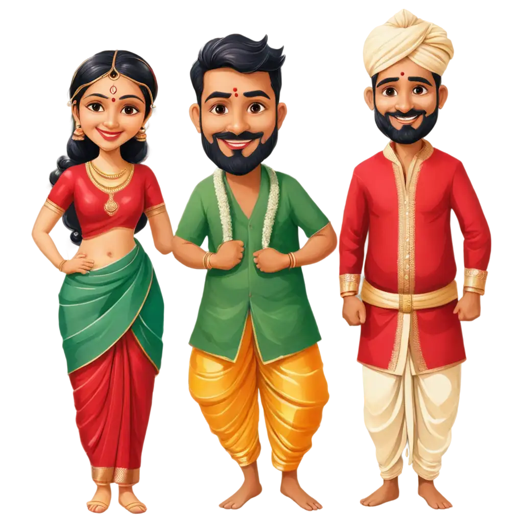 Exquisite-South-Indian-Wedding-Couple-Caricature-in-PNG-Format-Bride-in-Dhoti-and-Groom-in-Red-Saree