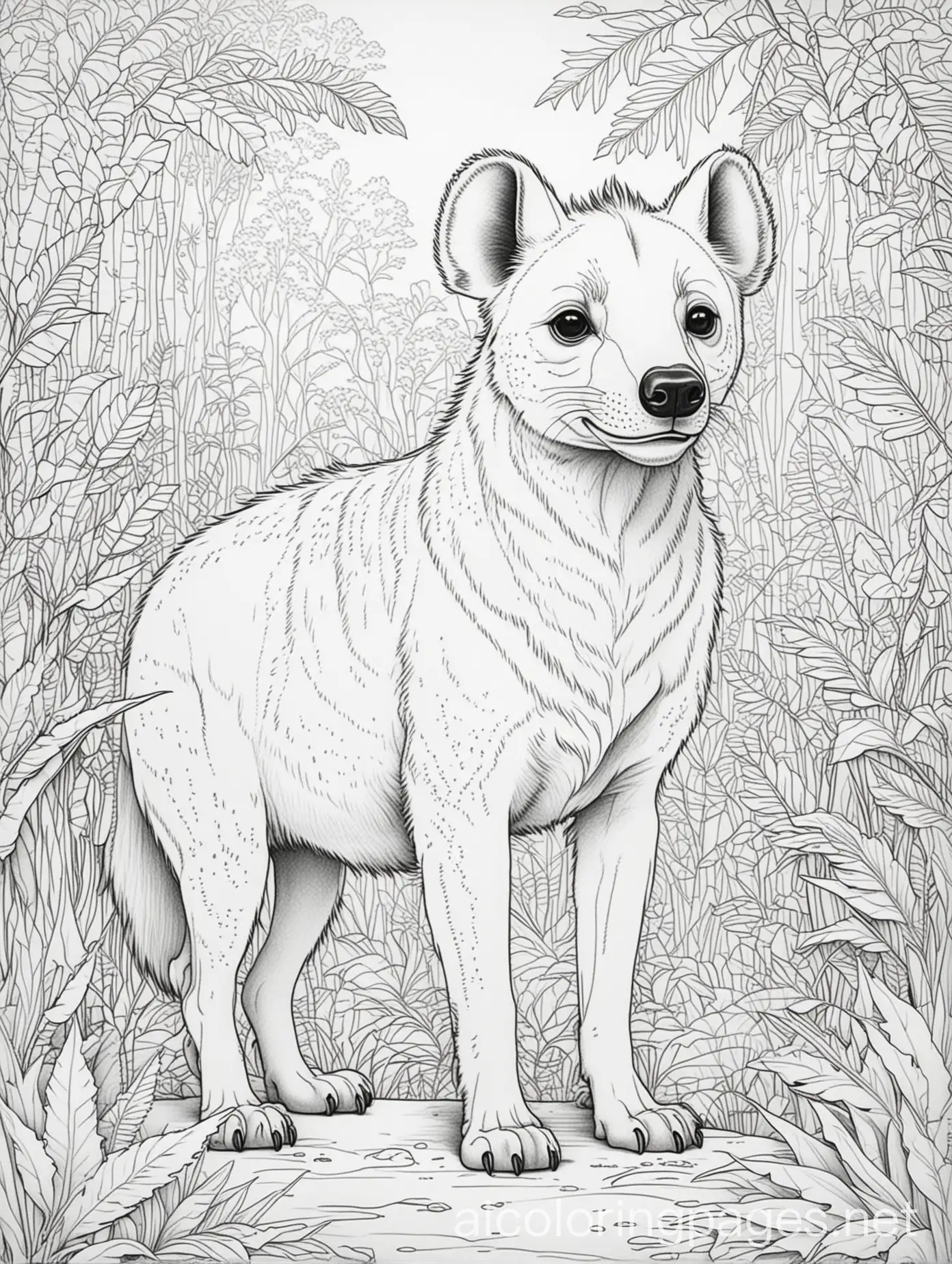 Hyena in a jungle , Coloring Page, black and white, line art, white background, Simplicity, Ample White Space. The background of the coloring page is plain white to make it easy for young children to color within the lines. The outlines of all the subjects are easy to distinguish, making it simple for kids to color without too much difficulty, Coloring Page, black and white, line art, white background, Simplicity, Ample White Space. The background of the coloring page is plain white to make it easy for young children to color within the lines. The outlines of all the subjects are easy to distinguish, making it simple for kids to color without too much difficulty