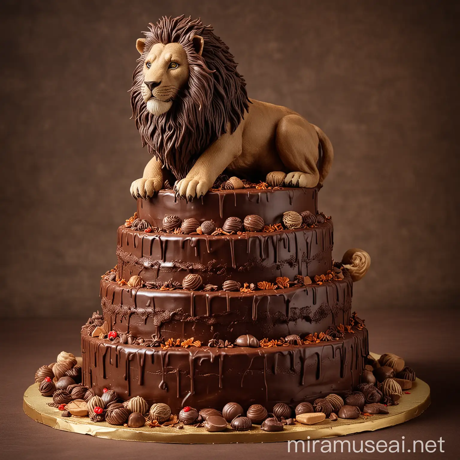 pastel de chocolate de 3 pisos delante de un león hambriento