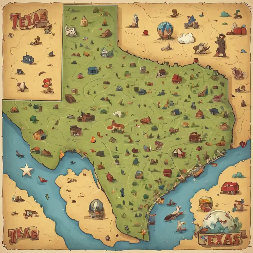 Colorful Cartoon Style Map of Texas