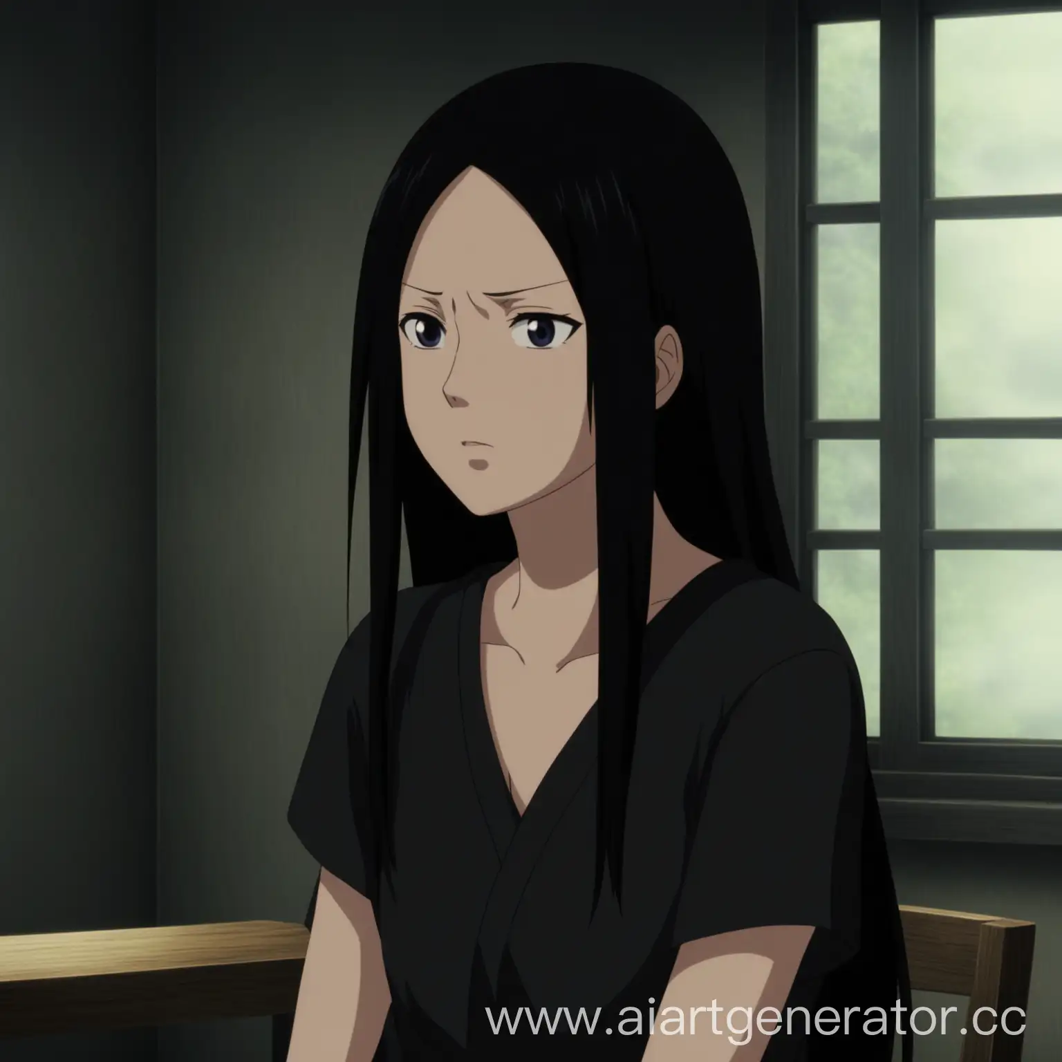 naruto screencap of a woman with black long hair, mikoto uchiha, wearing black shirt she's sitting in a room, looking out the window, pierot studios season 1 screencap