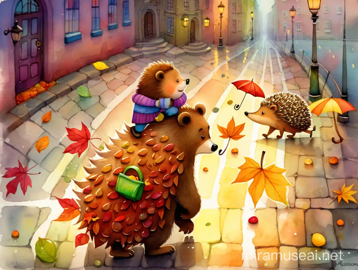 осень, дождь, город, улицы мощенные разноцветными булыжниками, навстречу друг другу по улице идут ежик  медвежонок,  watercolour style by Alexander Jansson
Jansson