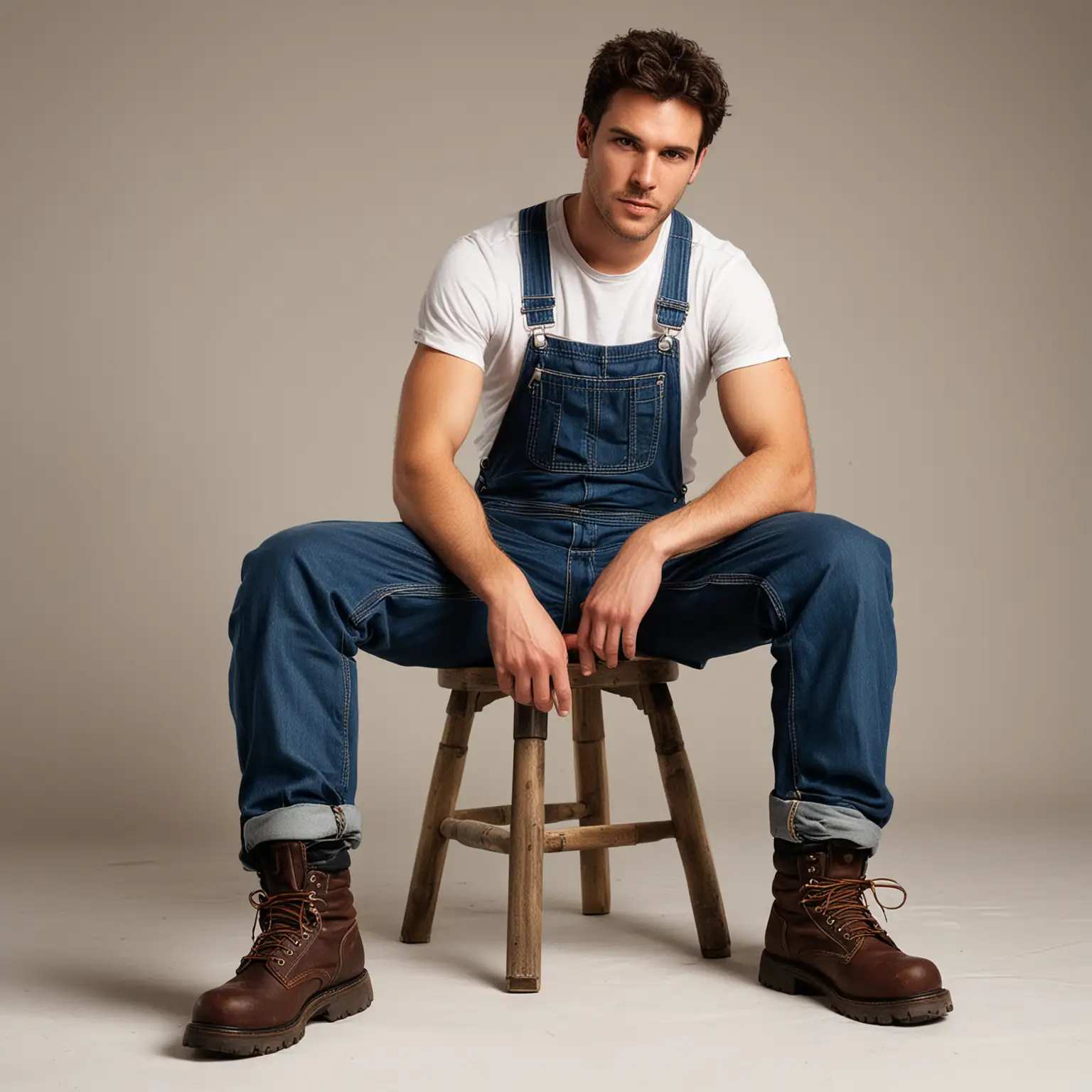 Man Relaxing in Chair Wearing Overalls and Boots