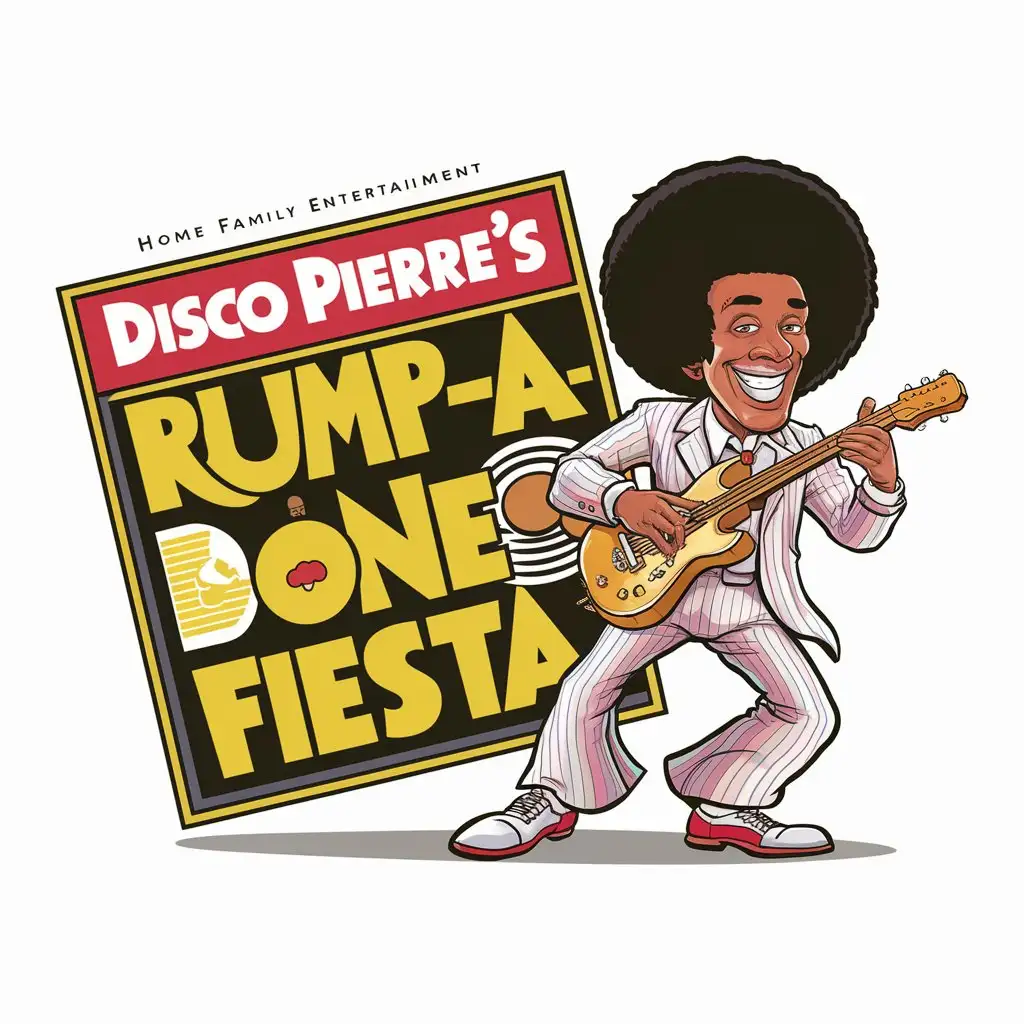 a logo design,with the text "Disco Pierre's Rump-a-diddle Bone Fiesta", main symbol:album cover, overtly French guy with an Afro haircut, dancing and wearing a leisure suit playing instrument,complex,be used in Home Family industry,clear background