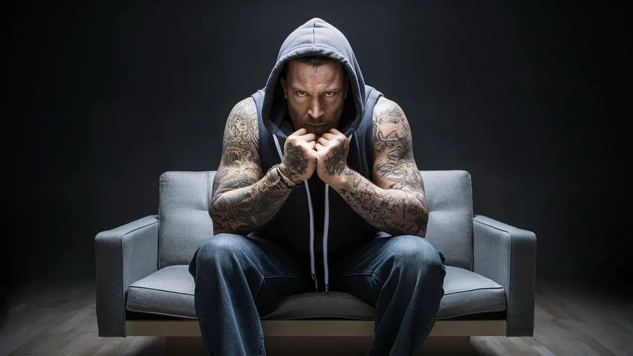A realistic photo shows a terrible man with a hard expression, sitting in the office of a psychologist on a small couch and waiting. The man is dressed in a hoodie that is placed on his head. The office is elegantly arranged. The man has tattoos. The dark background adds to the drama of the situation. The atmosphere of the photo is saturated with tension and expectation, which perfectly reflects the dark atmosphere of true-crime.