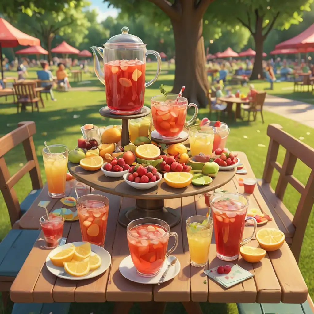 defined 3D cartoon-style table full of tea, fruit punch, and lemonade in the park