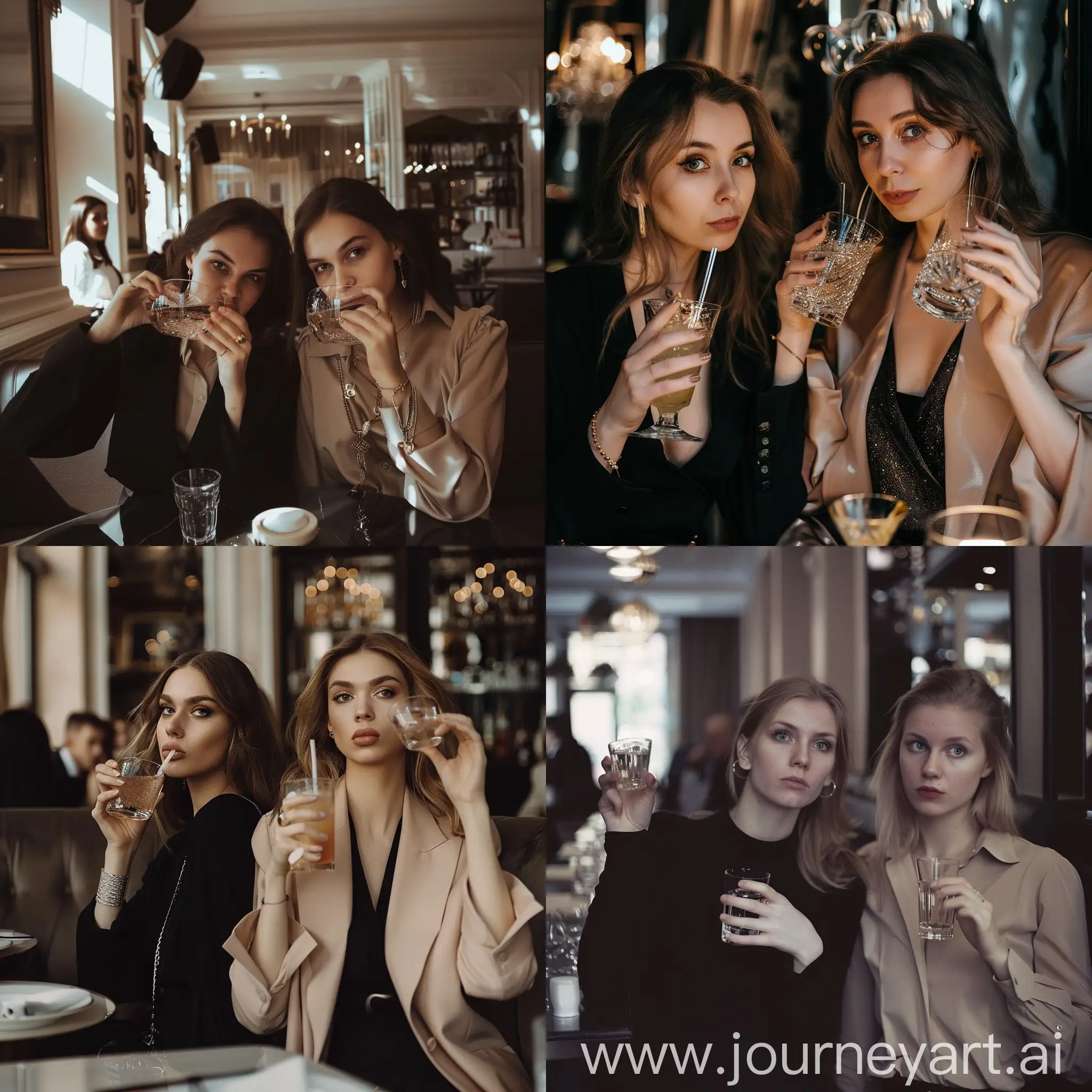 two women drinking drinks in a restaurant, in the style of feminine portraiture, shiny eyes, photo taken with nikon d750, anastasiya dobrovolskaya, black and beige, wealthy portraiture, fujifilm pro 800z --s 50 --v 6.0