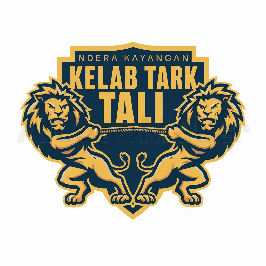 a logo design,with the text "Indera kayangan kelab tarik tali", main symbol:lion pull rope each other in sheild shape and blue and yellow color,Moderate,be used in Others industry,clear background