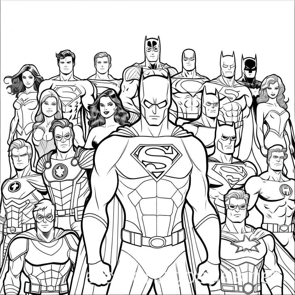 superhero colouring page for 12 year olds, Coloring Page, black and white, line art, white background, Simplicity, Ample White Space. The background of the coloring page is plain white to make it easy for young children to color within the lines. The outlines of all the subjects are easy to distinguish, making it simple for kids to color without too much difficulty