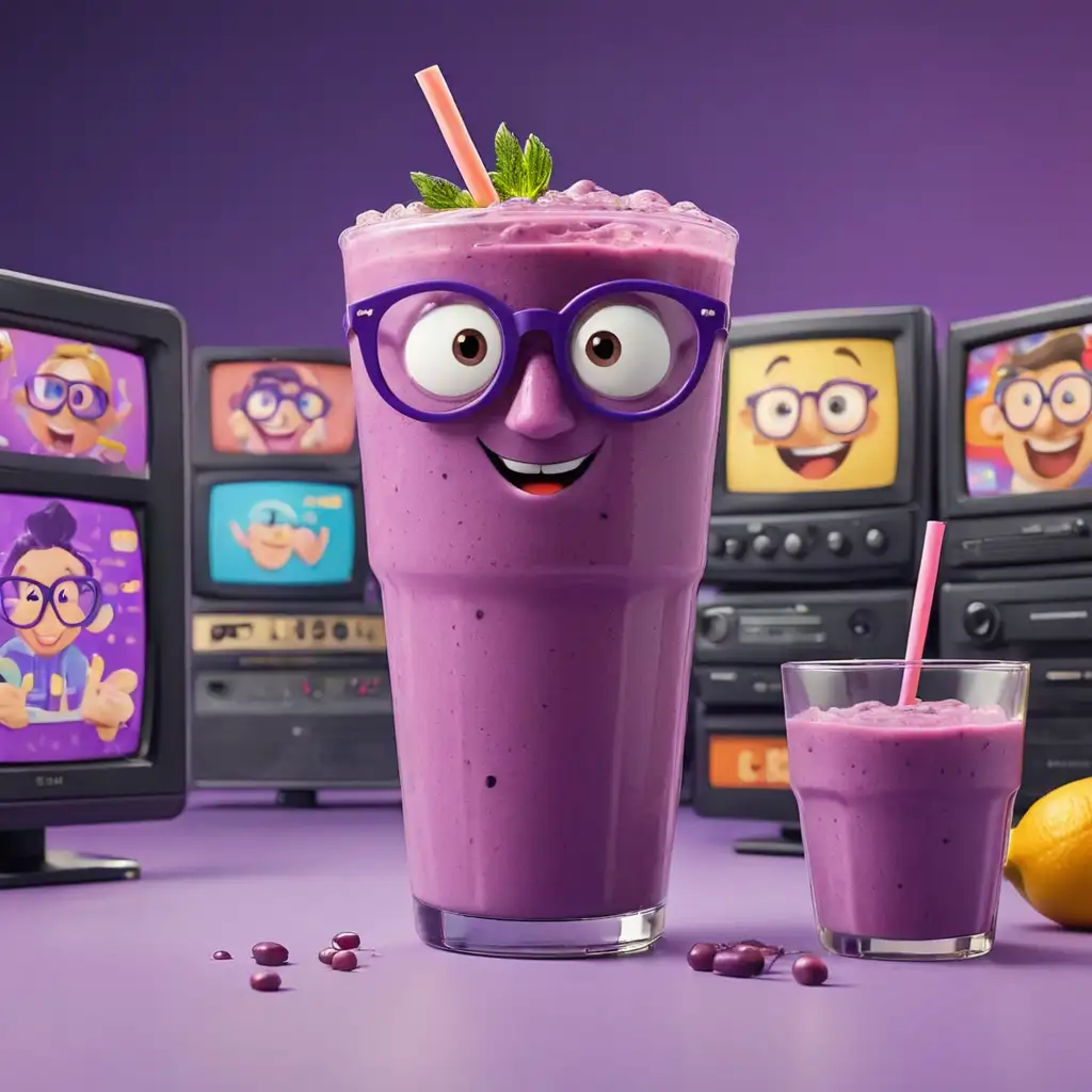 Smart happy purple smoothie with spectacles surrounded with TVs with different quiz shows