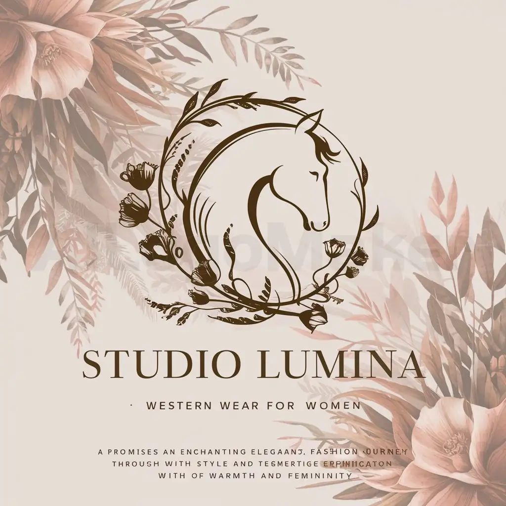 a logo design,with the text "studio lumina", main symbol:Craft a captivating logo for a women's western wear brand that radiates irresistible charm and allure. Think of elements like graceful horse silhouettes, intertwined with delicate floral motifs, all set against a backdrop of rustic elegance. Consider a color palette that blends soft pastels with rich earth tones to evoke a sense of warmth and femininity. Your logo should exude a magnetic appeal, drawing in fashion-forward women with its blend of western heritage and contemporary sophistication, promising an enchanting journey through style and tradition.,complex,be used in Others industry,clear background
