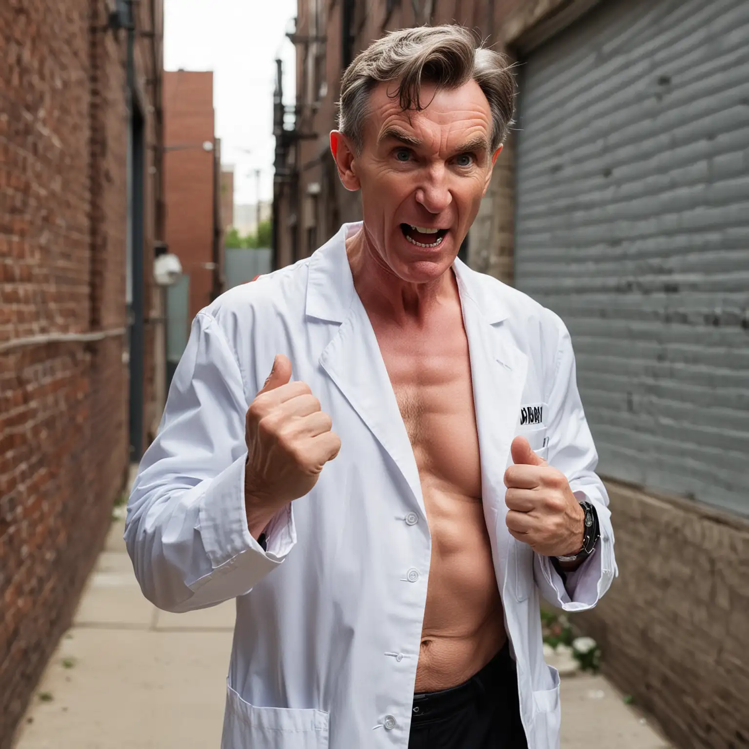 Bill nye the science guy, wearing a lab coat, no shirt, muscles, angry, punching, in a back alley, getting ready to fight, angry