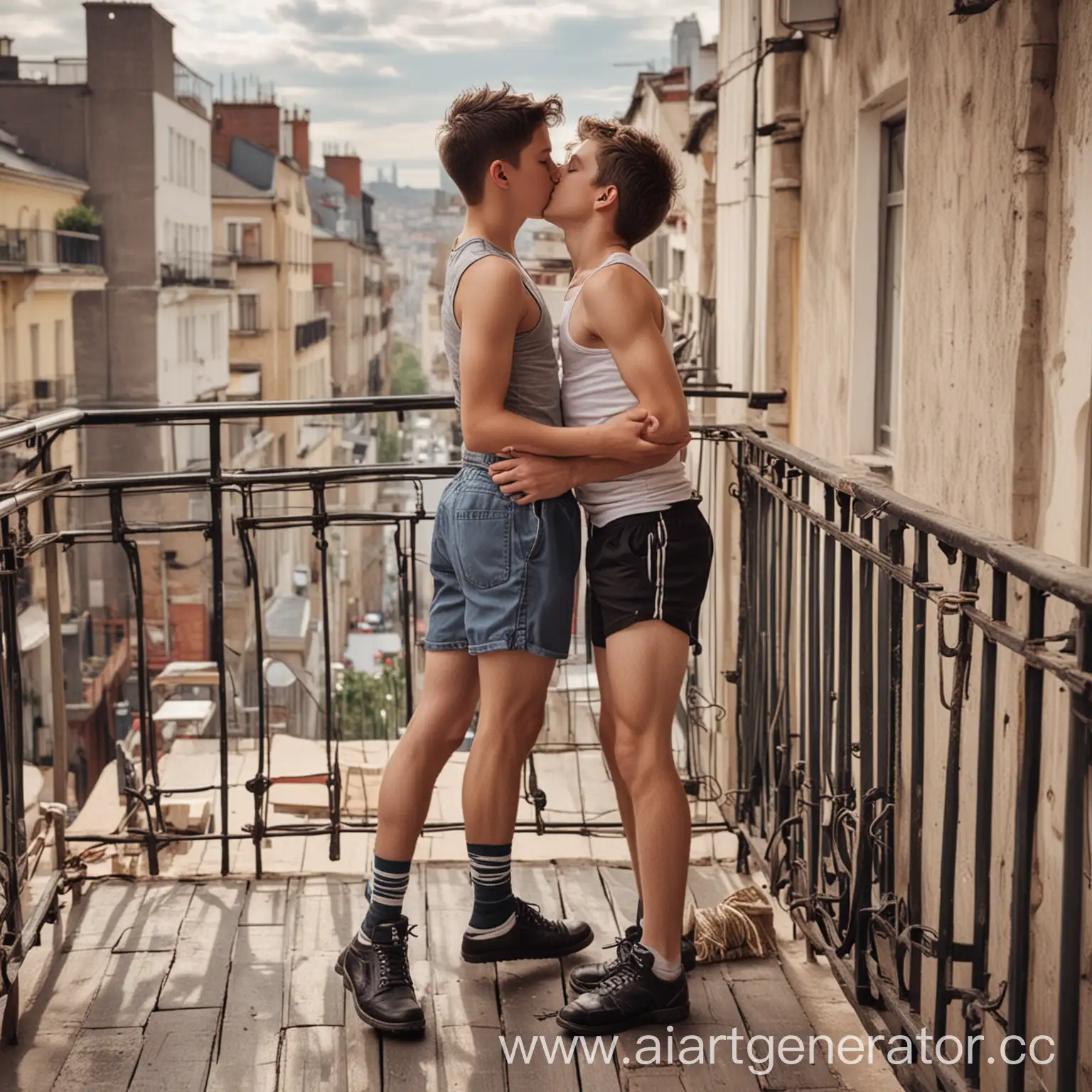 Парень целует парня в стрингах на террасе в большом городе 