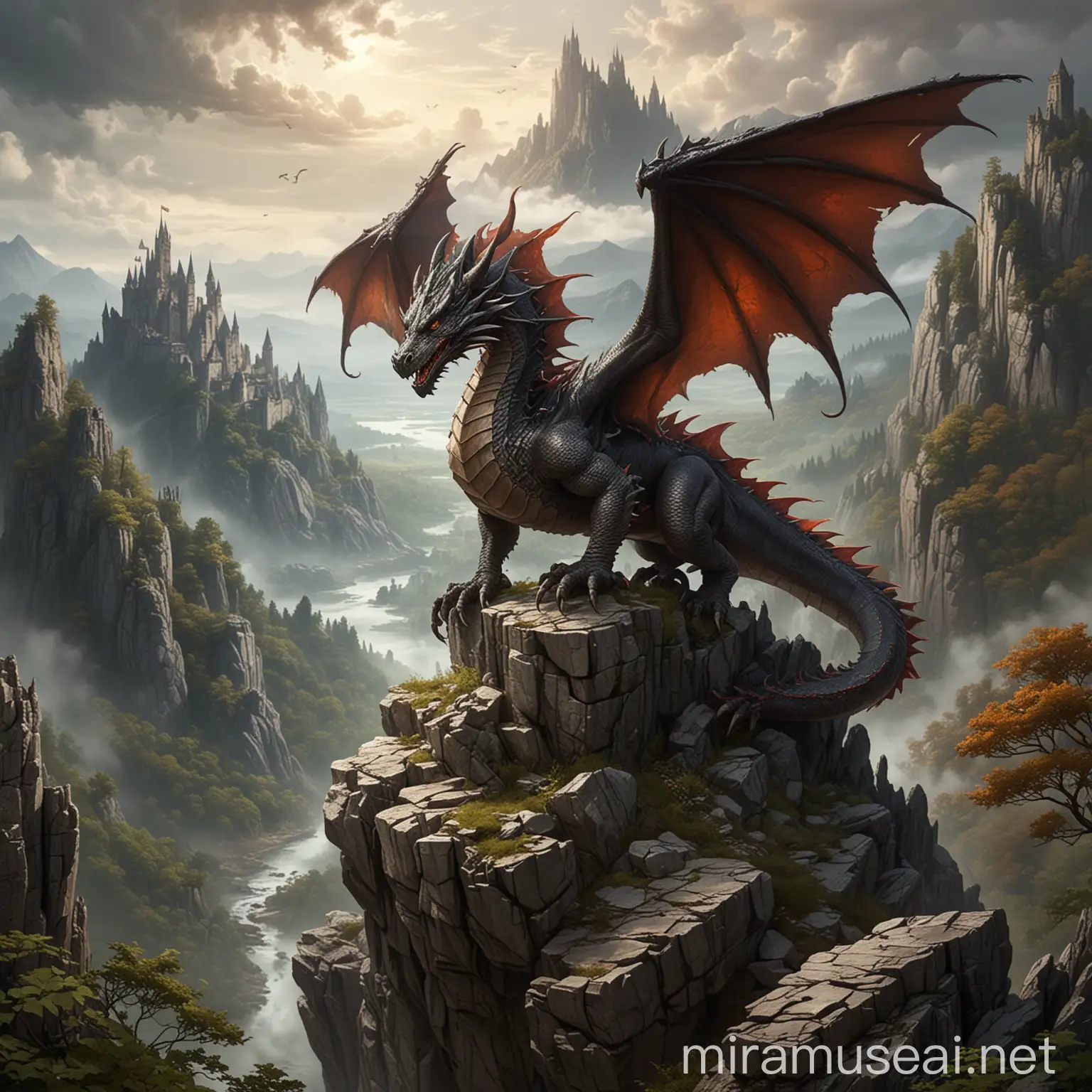 dragon with two wings one head, dungeon and dragrons style, on top of mountain, forest below, castle is in the distance, dragon on top of rocky outcropping on rocks only