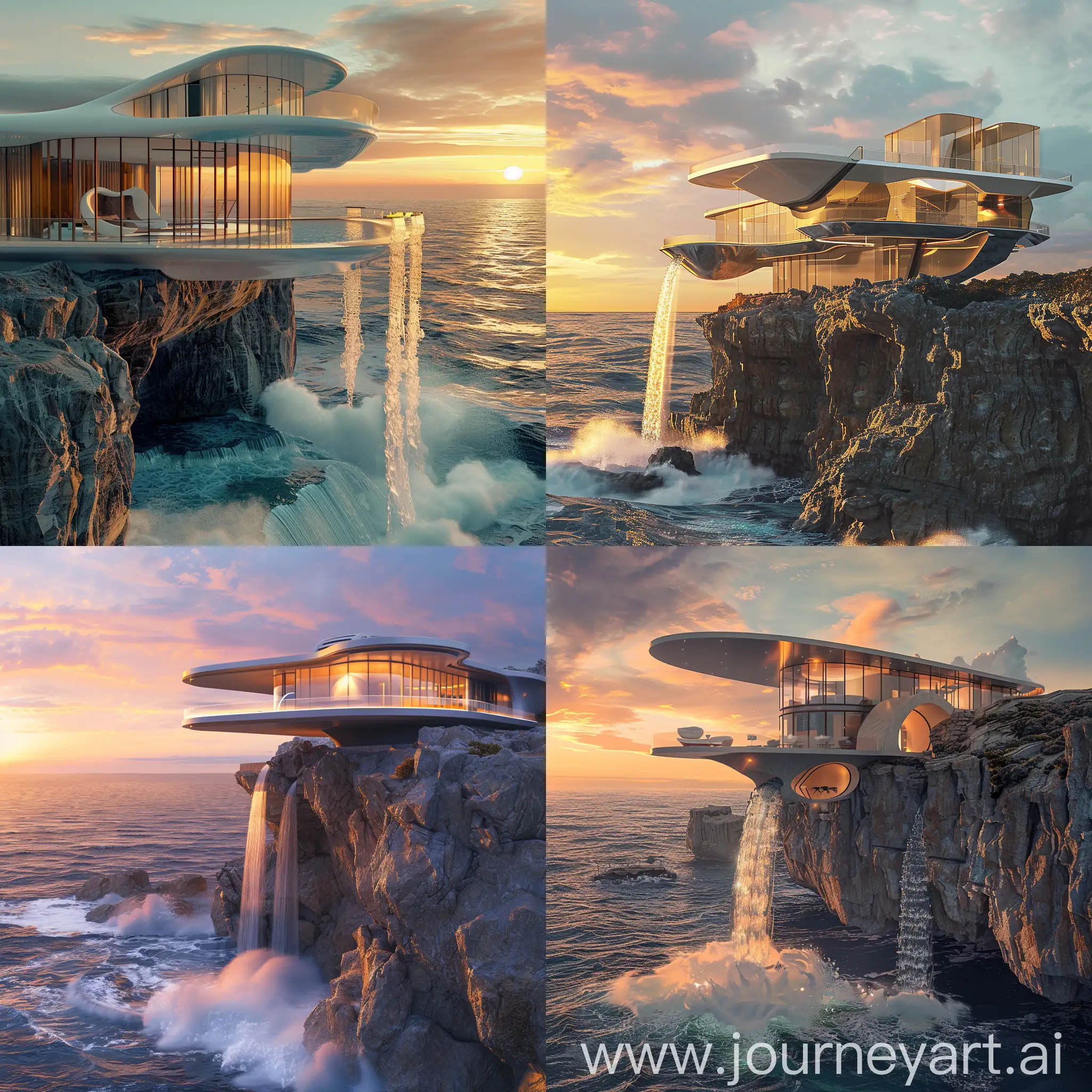 a very unusual but futuristic architectural house with lots of glass on a cliff overlooking breaking waves of the sea. Waterfall comes out of the house. Golden hour sunset lighting