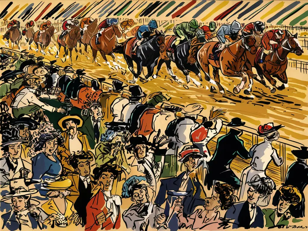 Elegant Horse Racing Scene with Spectators and Jockeys