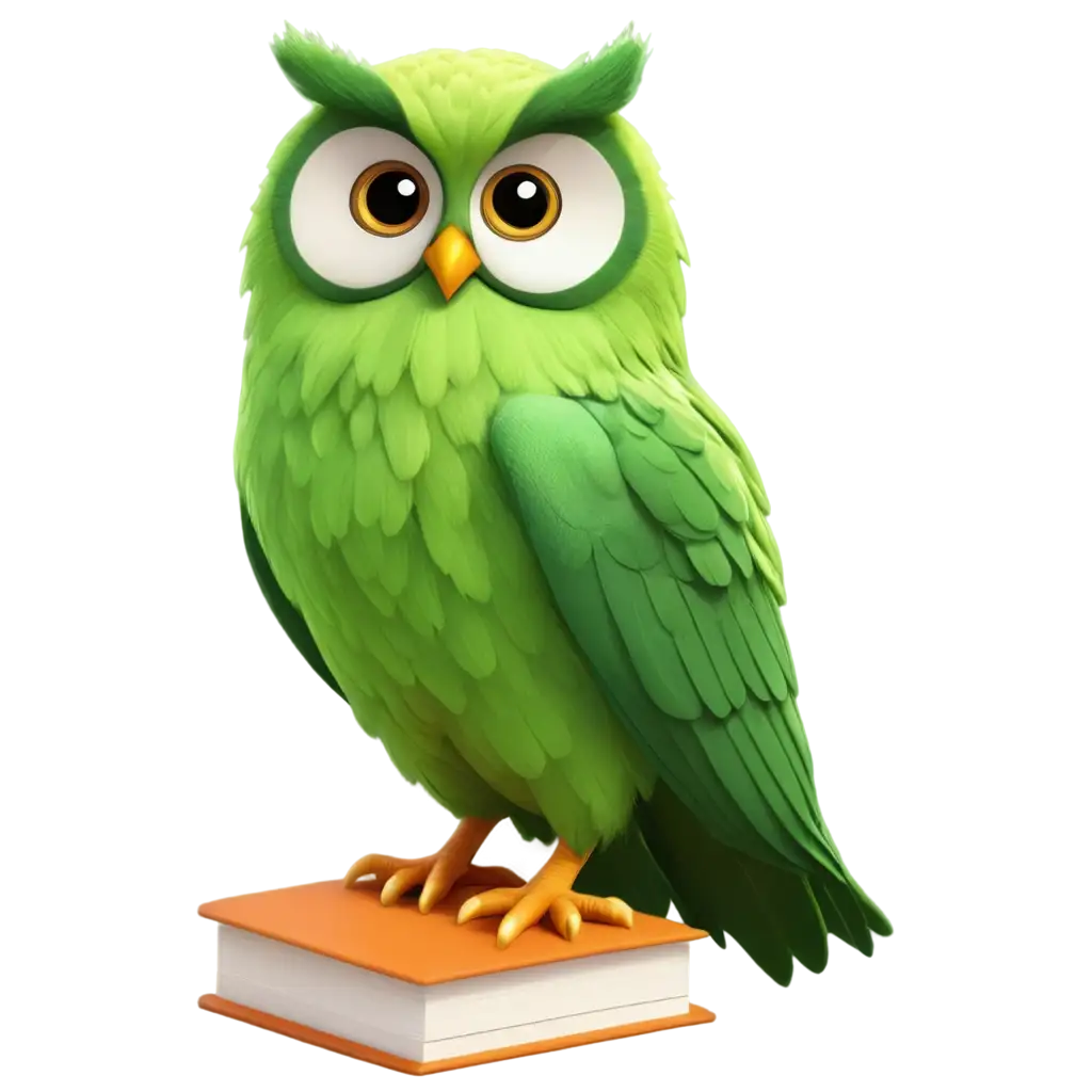 cute realsistic owl for readding web app standing on a book,green
