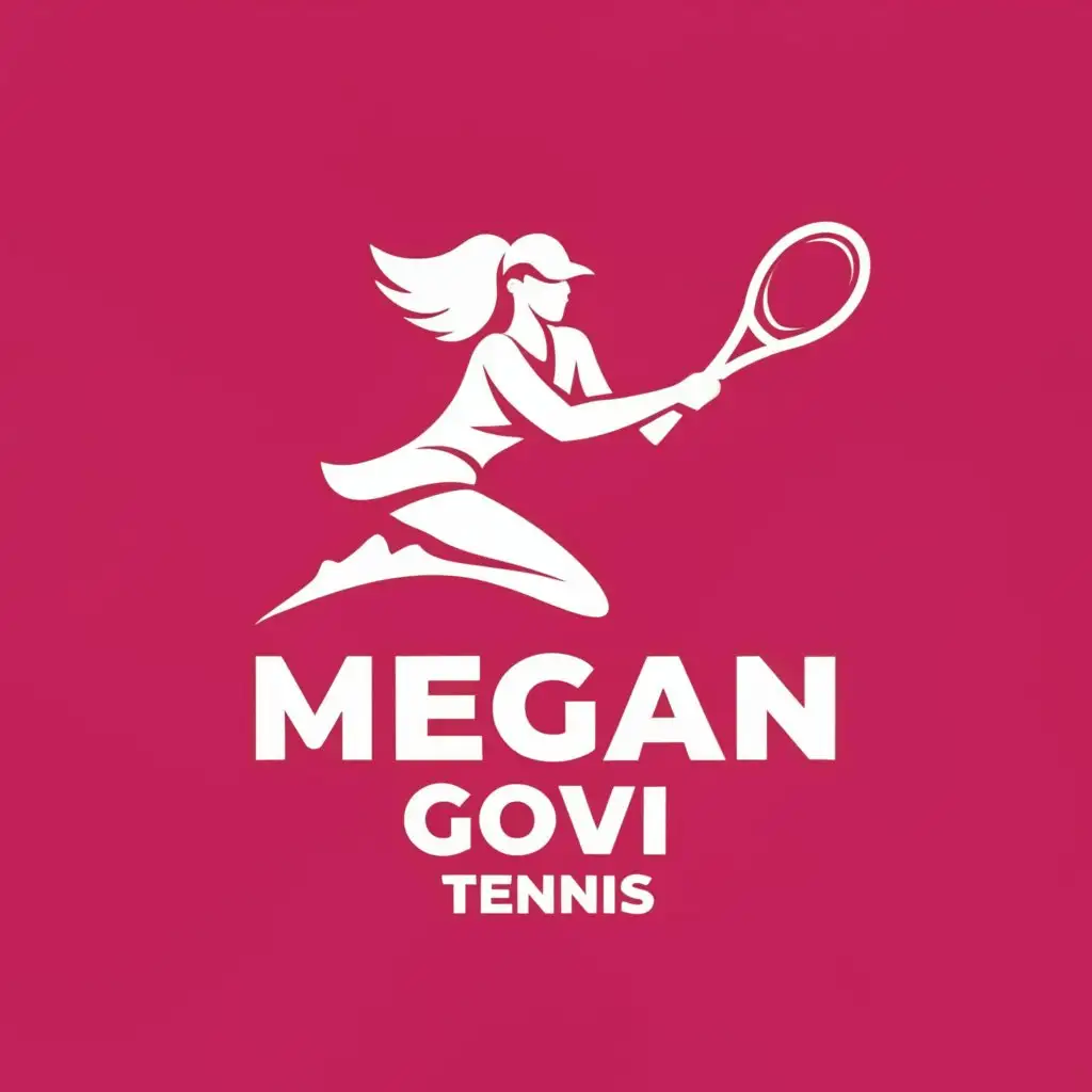a logo design, with the text 'Megan Govi Tennis', main symbol: real human looking sexy blonde woman playing tennis, white outfit, pink racket, pink background and text, complex, to be used in Sports Fitness industry, clear background