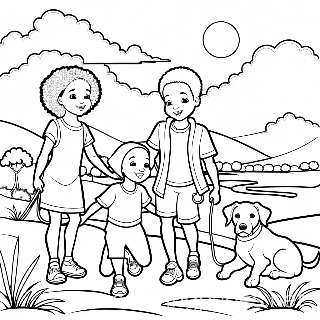 African-Children-Playing-with-Dog-Coloring-Page-Black-and-White-Line-Art-for-Simplicity-and-Ease