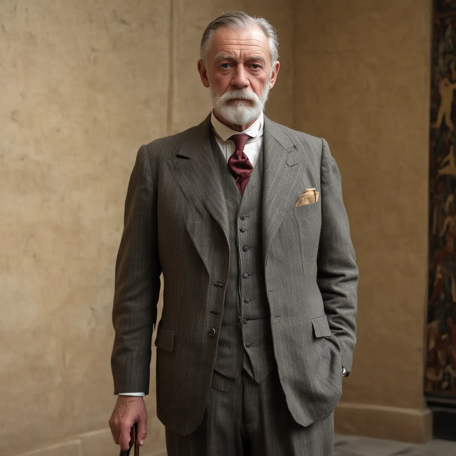 Full colour image. A British gentleman of the 1920s. He is wearing an expensive well tailored suit but is very thin. He has a neat close cropped beard, sallow cheeks and sunken eyes. He has a haunted and sad expression on his face. He is in his 50s but looks older. He walks with a single cane. He is standing in the lobby of an Egyptology museum.