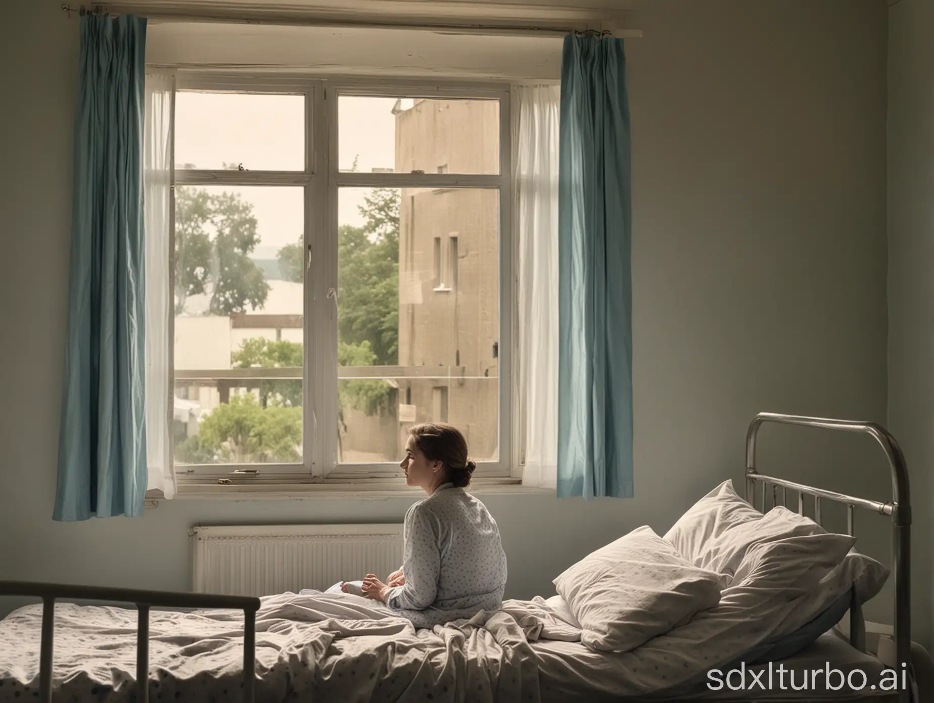 Woman-Sitting-on-Hospital-Bed-Looking-Through-Window