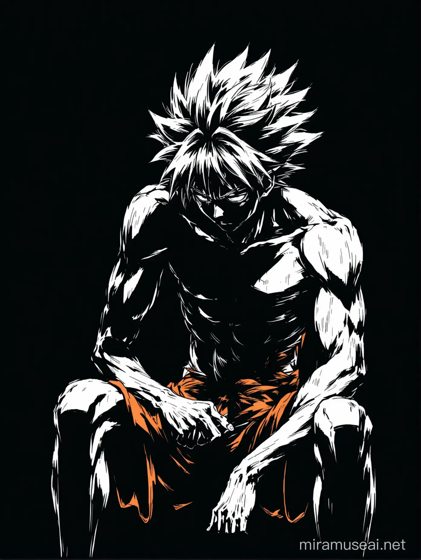 weak scrawny skinny man with a big messy haircut just like goku. he has no muscle and he is so sad almost about, he's so tired from not sleeping, he's sitting, he's in a very very dark room, he is tired of life, no vibrant colors in this image