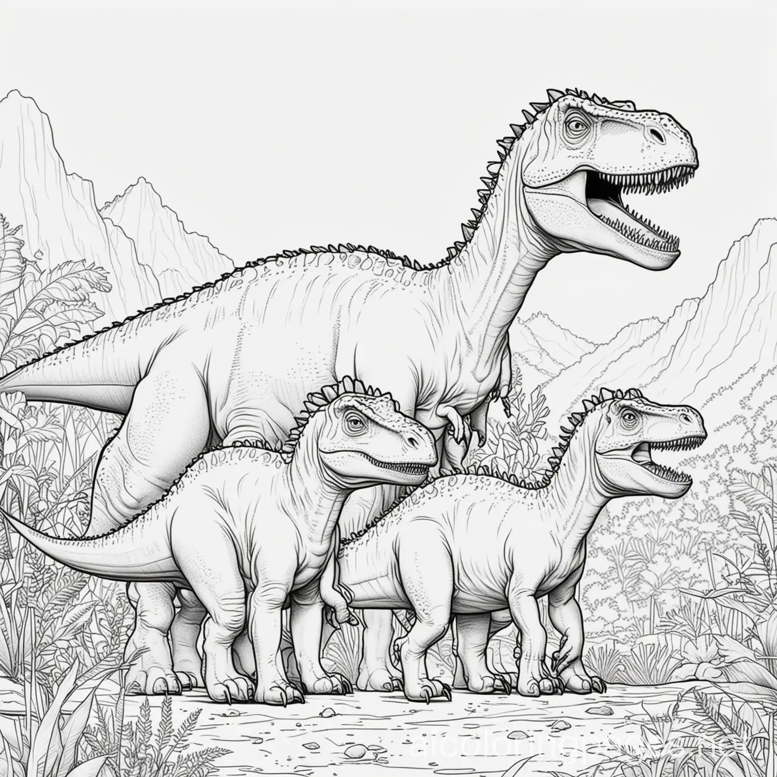 a family of dinosaurs, Coloring Page, black and white, line art, white background, Simplicity, Ample White Space. The background of the coloring page is plain white to make it easy for young children to color within the lines. The outlines of all the subjects are easy to distinguish, making it simple for kids to color without too much difficulty