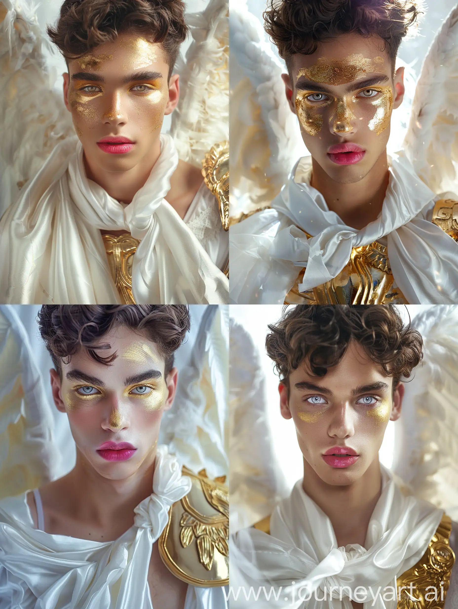 A very beautiful young man of 22 years old with very beautiful eyes as an angel, Latin Arab race and very attractive and beautiful - his pink lips are very beautiful - he has gold powder on his body and body while wearing white silk clothes and golden armor and It has two white wings with soft light, it is a very beautiful real picture, supernatural photography