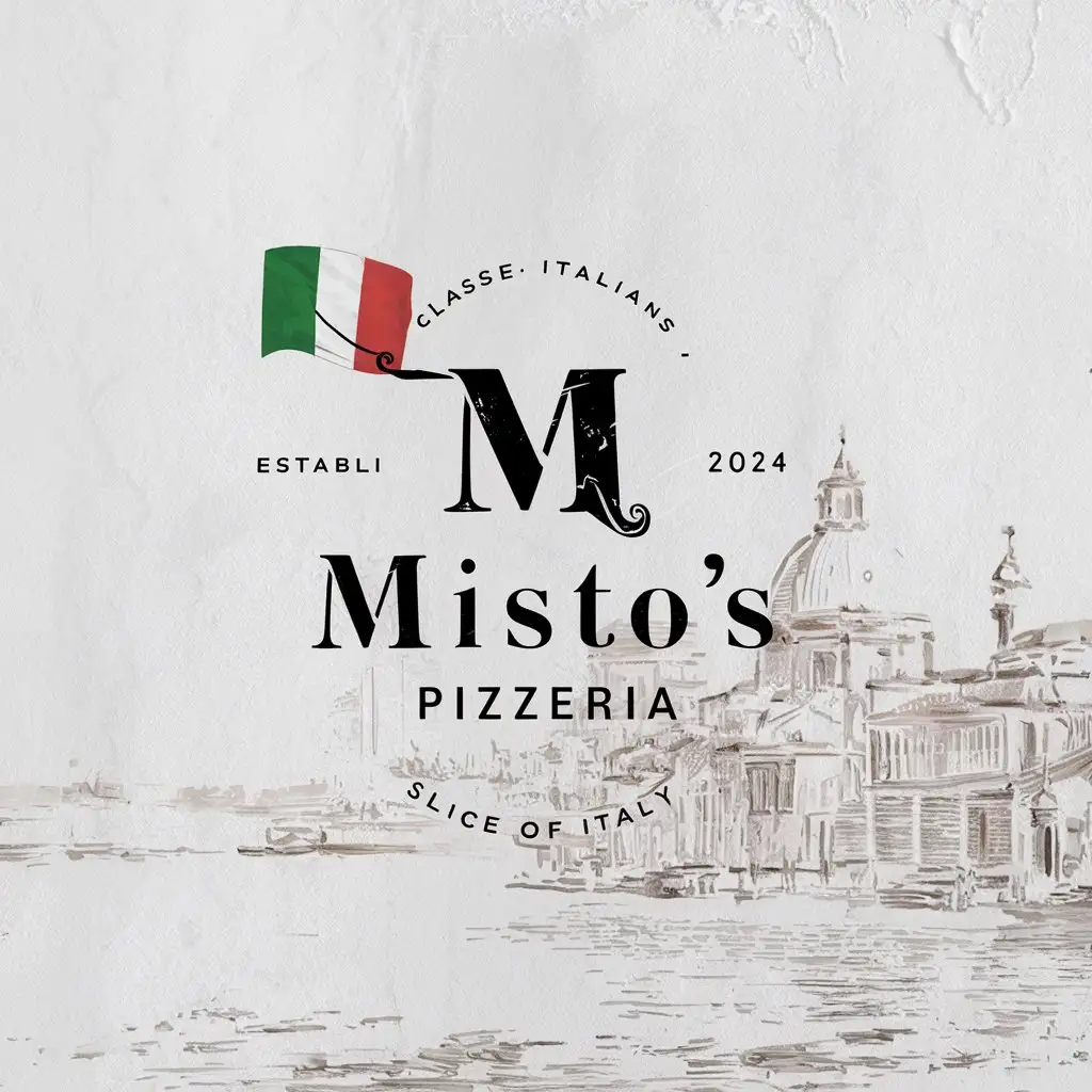 Misto's Pizzeria , Letter Mark , Minimal , Edge decoration, Italian colors , Textured White Background , EST 2024 , Italy flag , Vintage, Slogan, Slice of Italy, Adobe Illustration, Italian City Sketched, Classic logo