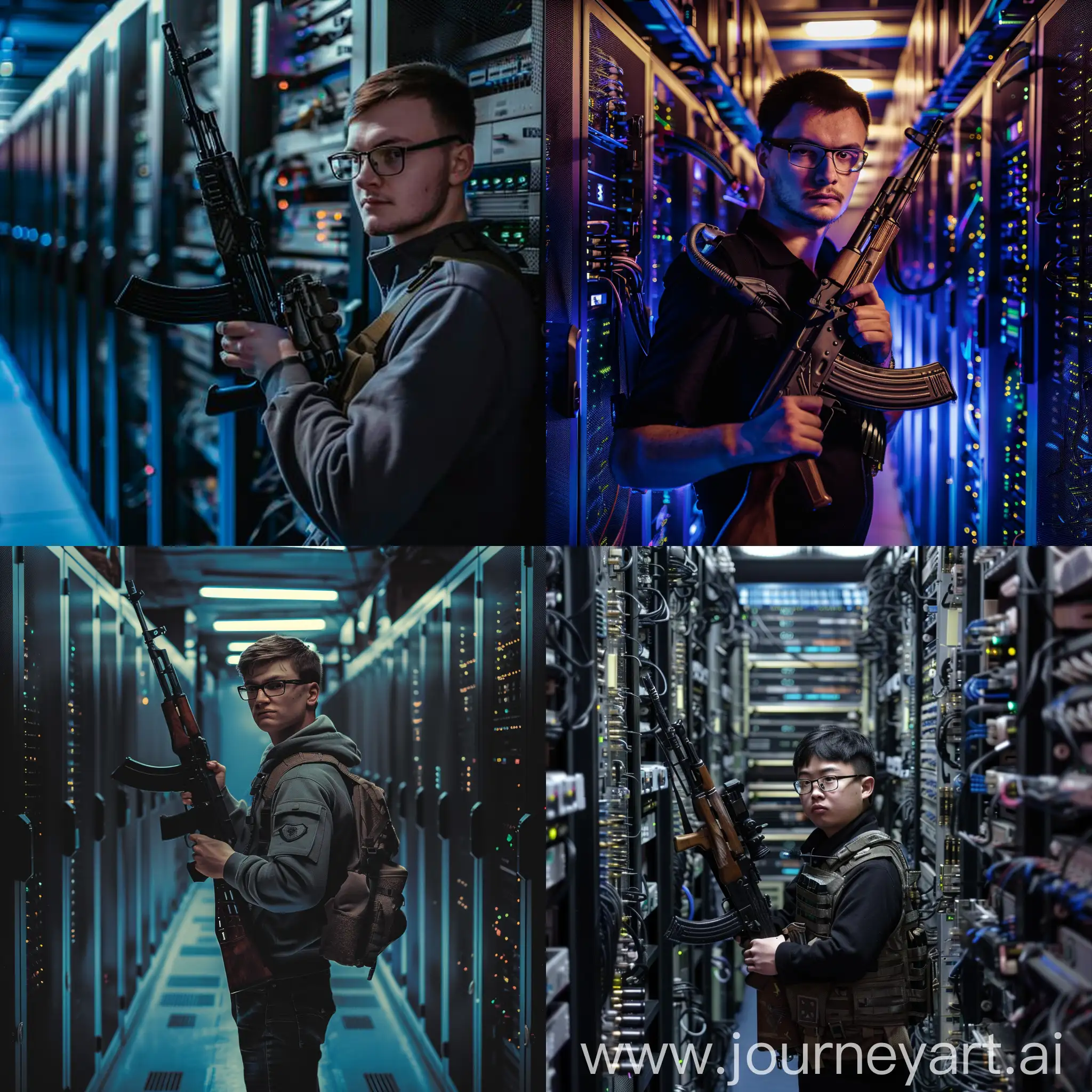 Gamer with glasses, in the hands of AK-47, it stands between dozens of large server computers