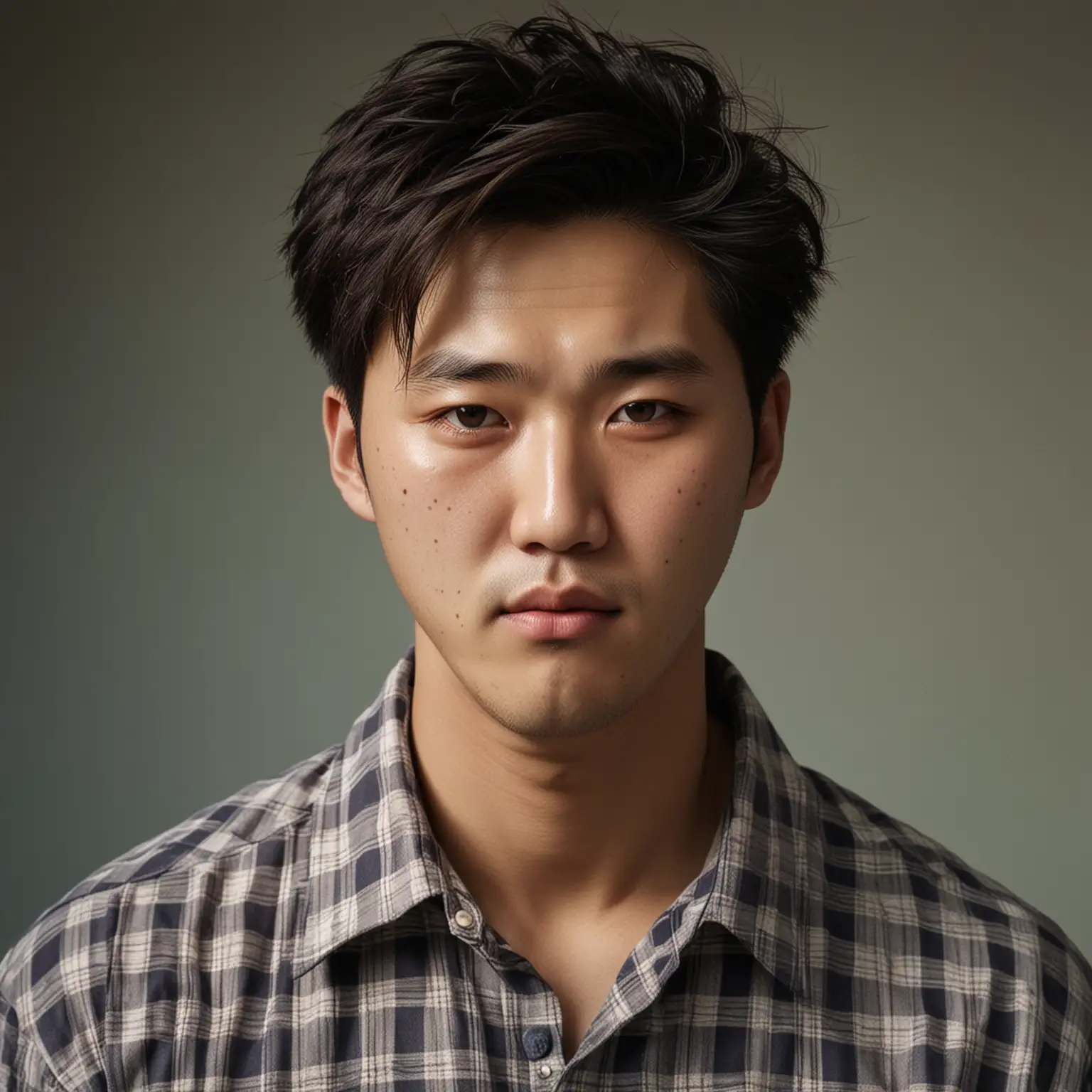 Classic portrait-style photography, korean guy, tired, young-looking, late 30's, checkered shirt, slightly chubby face, photo realistic, cinematic lighting