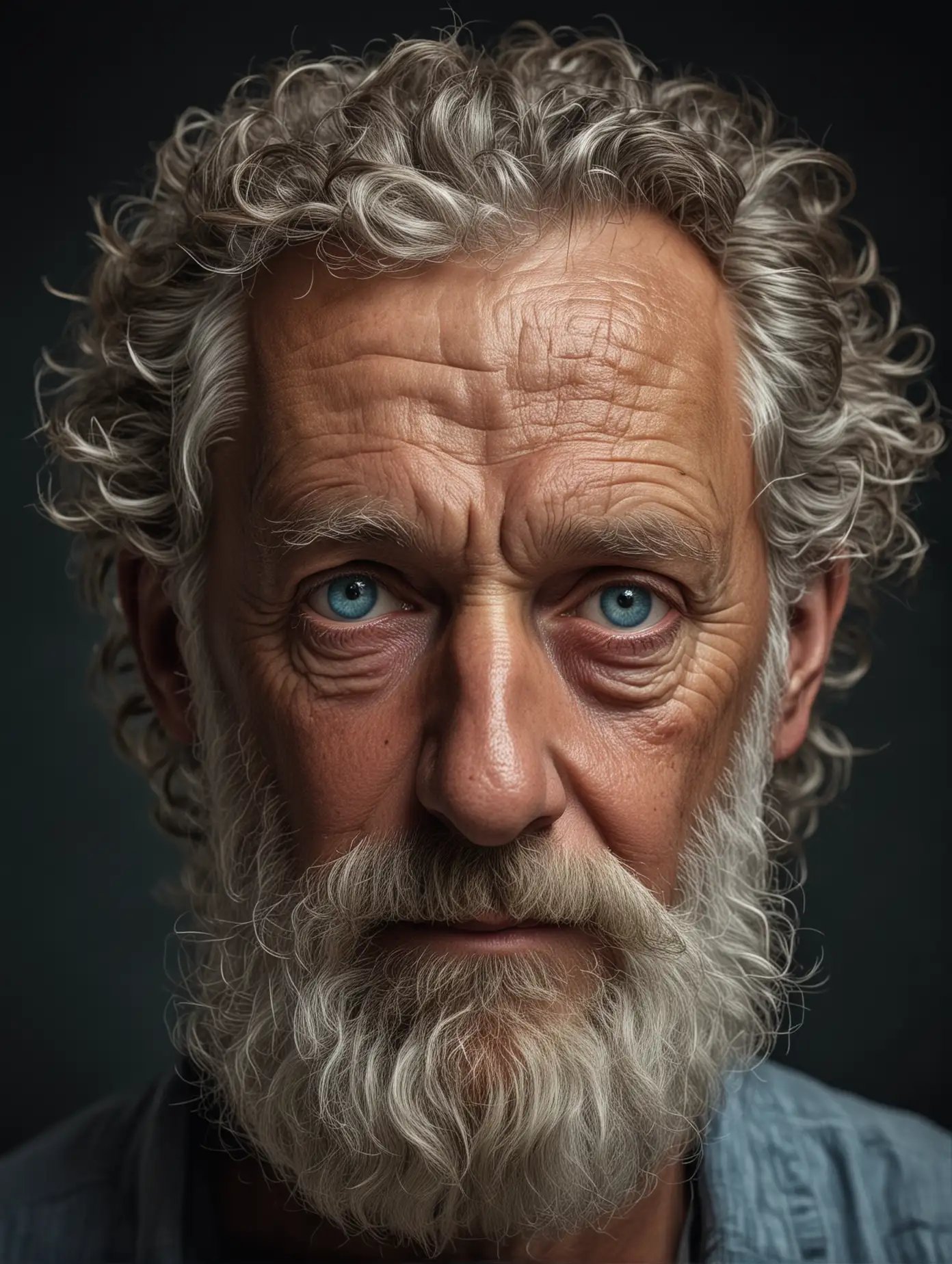 Realistic Portrait of a Weathered Elderly Man with Curly Facial Hair