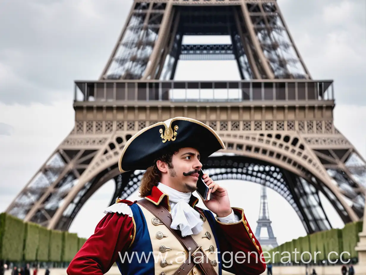 Musketeer-Talking-on-Smartphone-in-Front-of-Eiffel-Tower