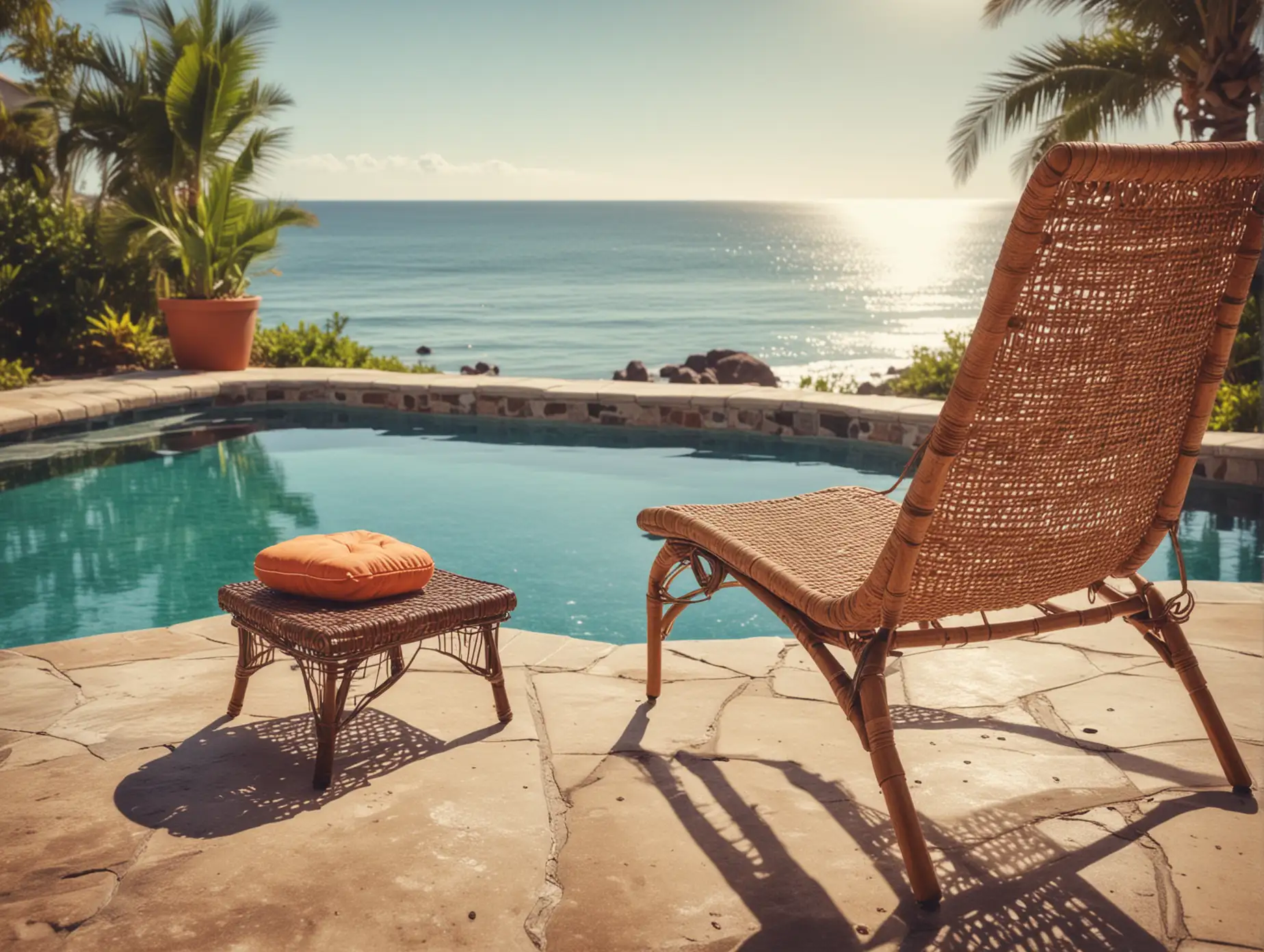 pool,patio table lap top computer on table,wicker chair .,wicker foot stool,away from table,ocean background, panoramic shot, extreme angle shot, vibrant color grading, handheld shot