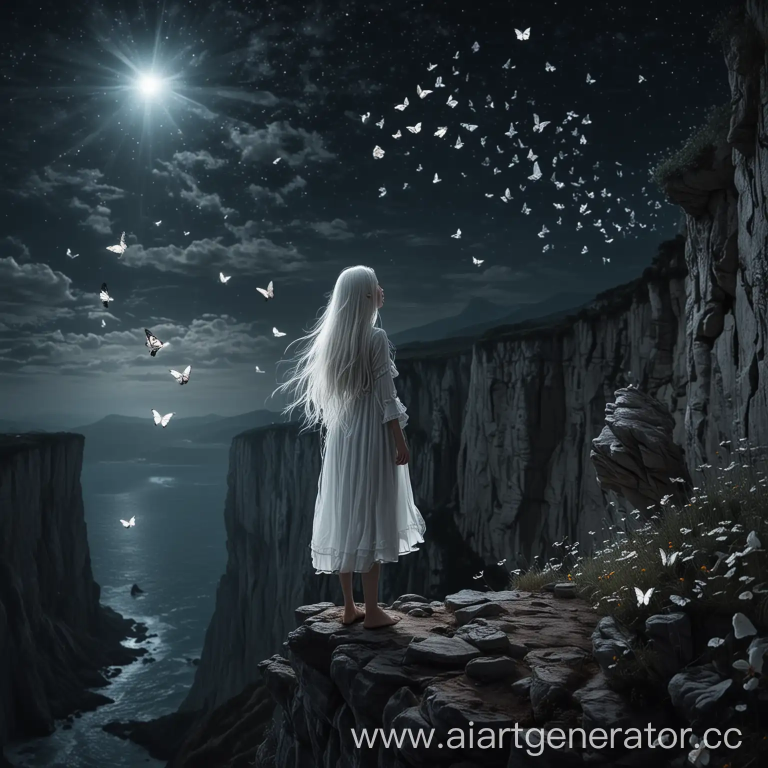 девушка с длинными белыми волосами стоит на краю обрыва ночью, а вокруг нее летают бабочки