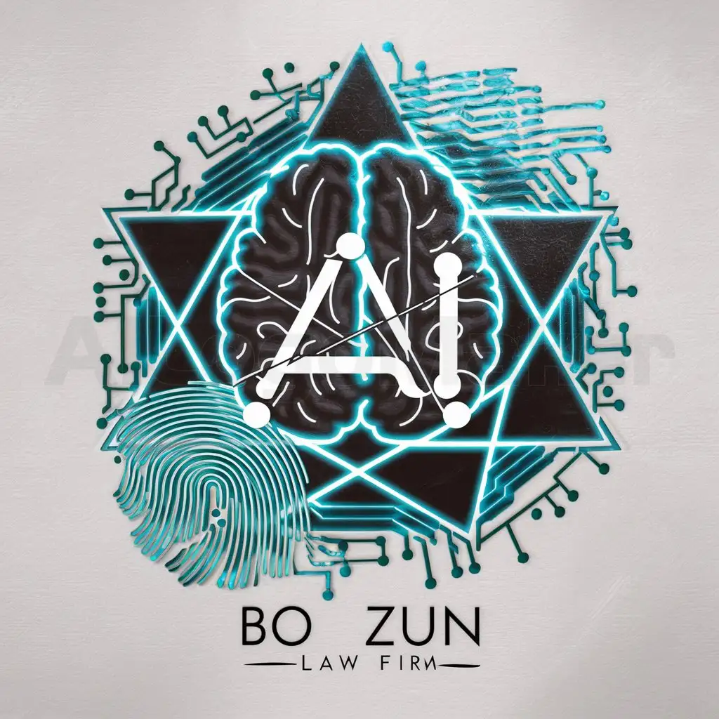 a logo design,with the text "Bo Zun Law Firm", main symbol:a brain pattern connected by lines, with 'AI' in the middle, or a fingerprint consisting of integrated circuits, combined with a hexagram pattern, it's somewhat like activating a magic/tech device,complex,be used in Legal industry,clear background