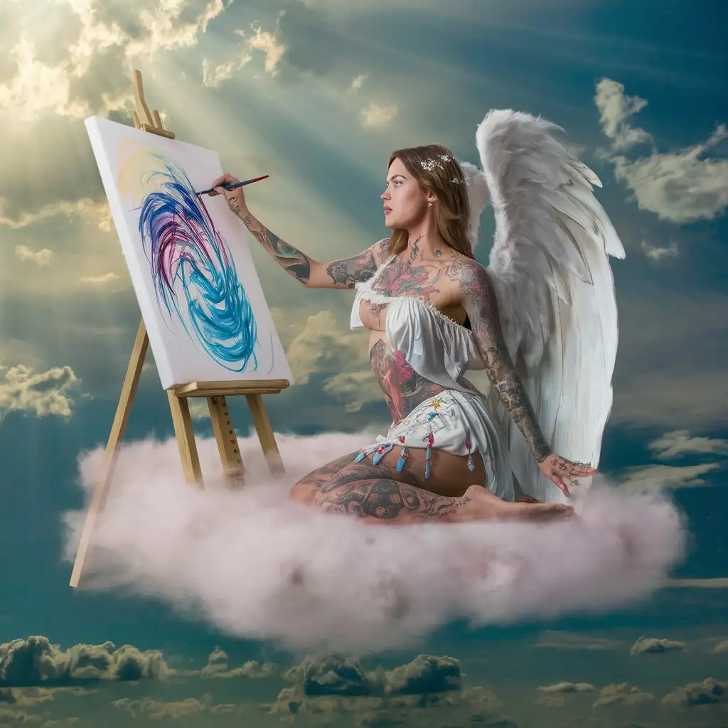 hyper realistic photography a beautiful tattooed angel, She is wearing a white light mini colorful dress , seated on a cloud and she is drawing a painting on a canvas .