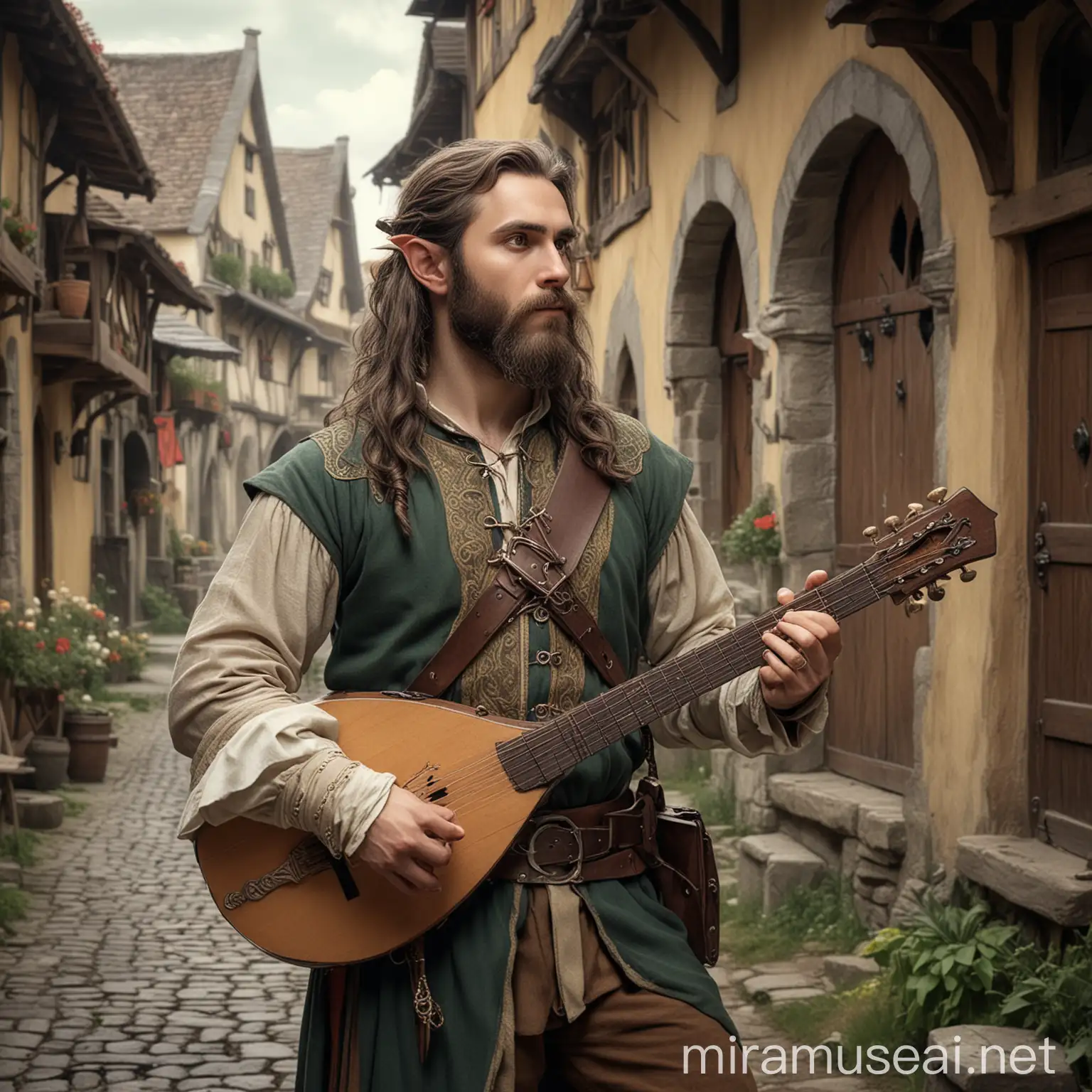 fantasy, bearded half elf bard with lute in medieval village, with poniard dagger on waistbelt

