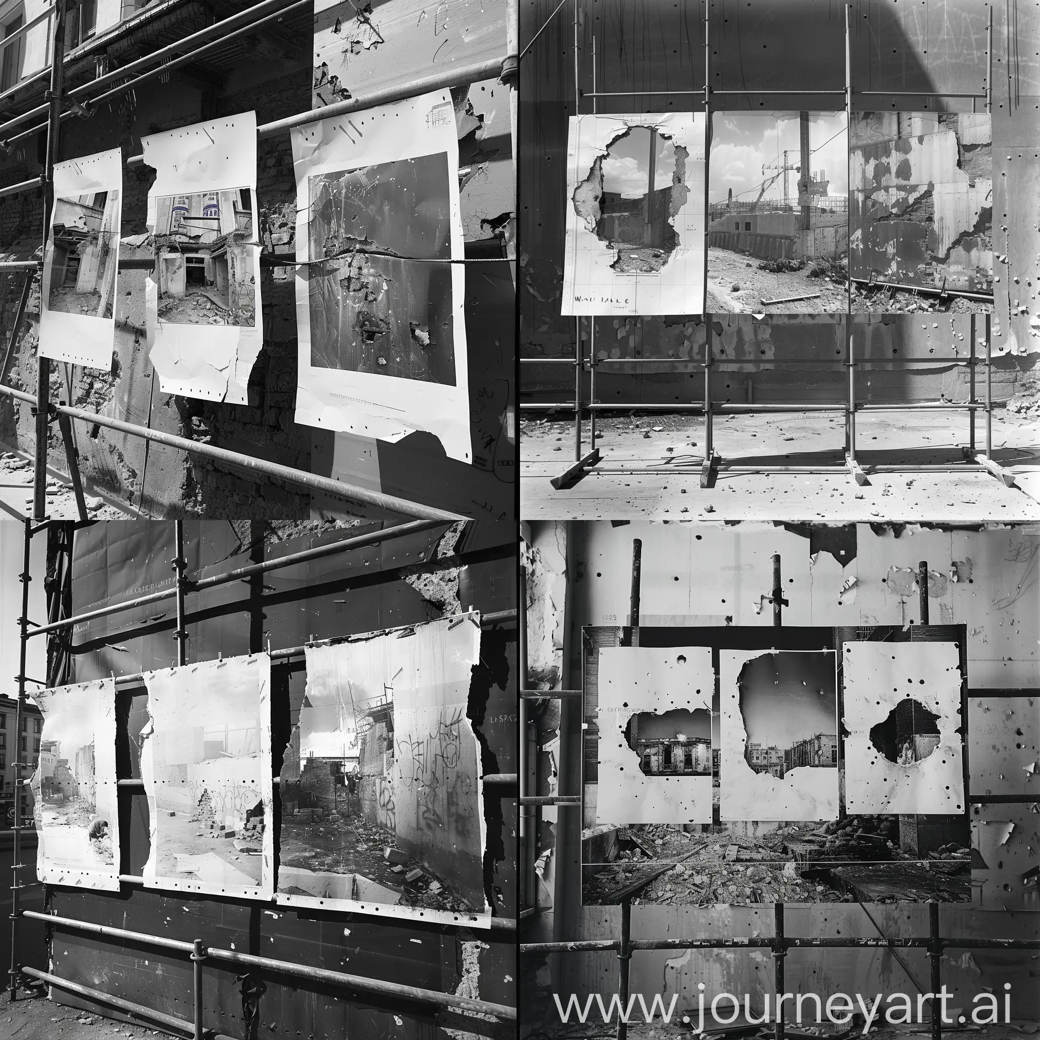 Vintage-Black-and-White-Photo-Exhibition-of-Construction-Sites-on-Scaffolding