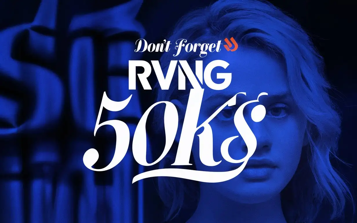 written '50k$' in center, below 'Don't forget RvNg', stylish text font, with very low opacity 18-year girl face behind, blue view