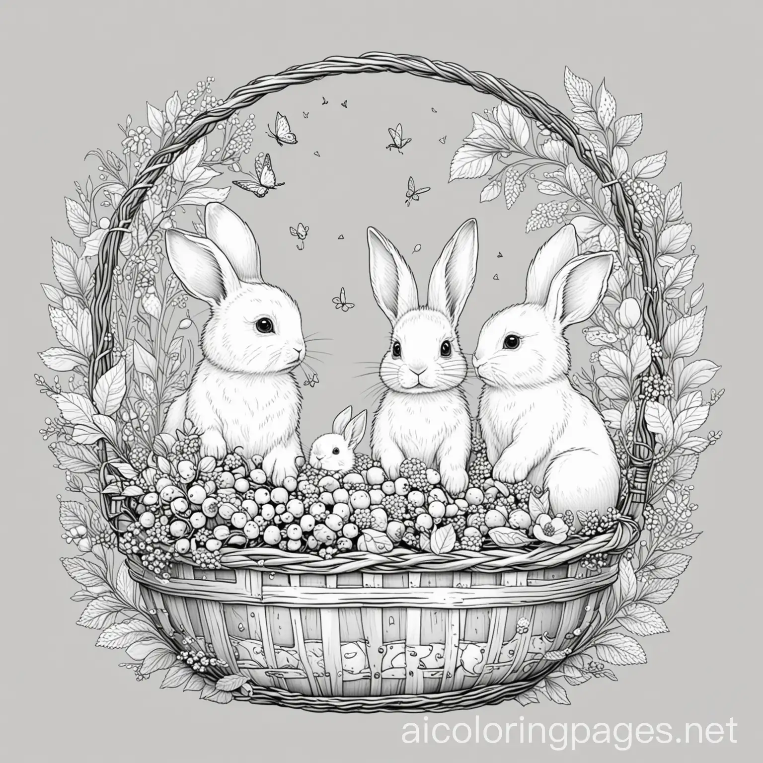 Bunnies making a basket for their mom. There are flowers and berries in the basket. There are birds tweeting and butterflies in the sky., Coloring Page, black and white, line art, white background, Simplicity, Ample White Space.