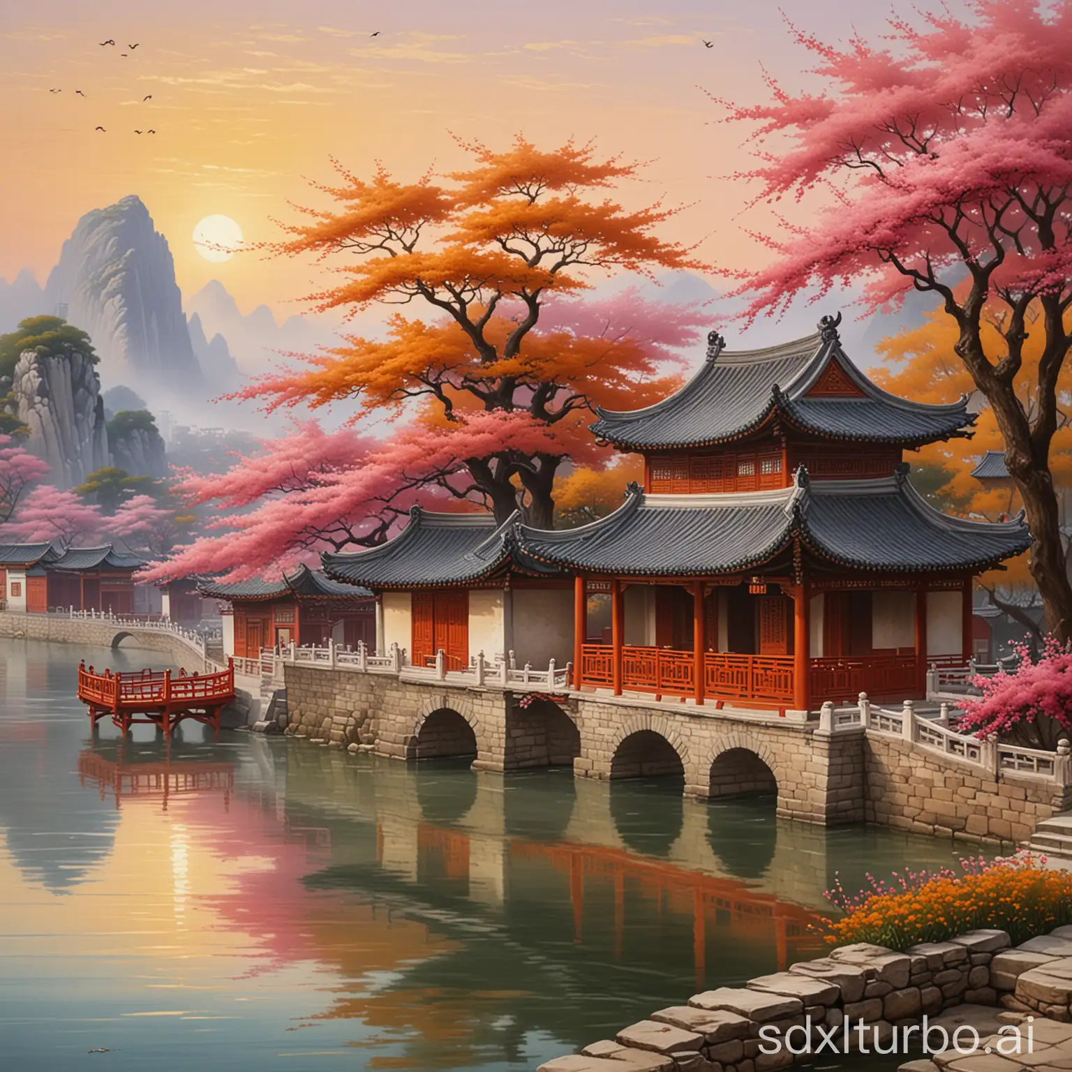 这是一幅描绘中国古典建筑和水乡风光的画作。画面中，一座古色古香的亭台楼阁矗立在河畔，其屋顶上翘起的飞檐和红色的门窗显得非常精致。河流两侧是石板路和树木，其中一棵树上开满了粉红色的花朵，为整个场景增添了几分生机。远处可以看到现代化的高楼大厦，与近处的传统建筑形成了鲜明对比。天空呈现出温暖的橙黄色调，暗示着日出或日落时分。整幅画色彩柔和而协调，营造出一种宁静祥和的氛围。